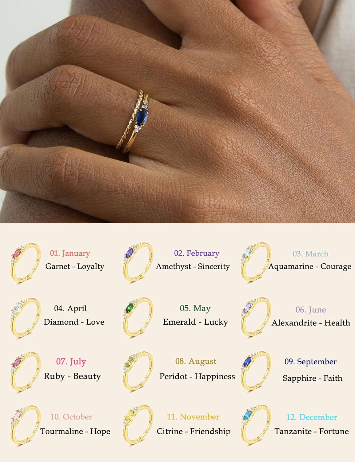 Detalle de ZNBOH Geburtsstein-Ring Damen wasserfest, 18K vergoldet – stapelbar mit Zirkonia (Amethyst, Aquamarin, Citrin u. a.)
