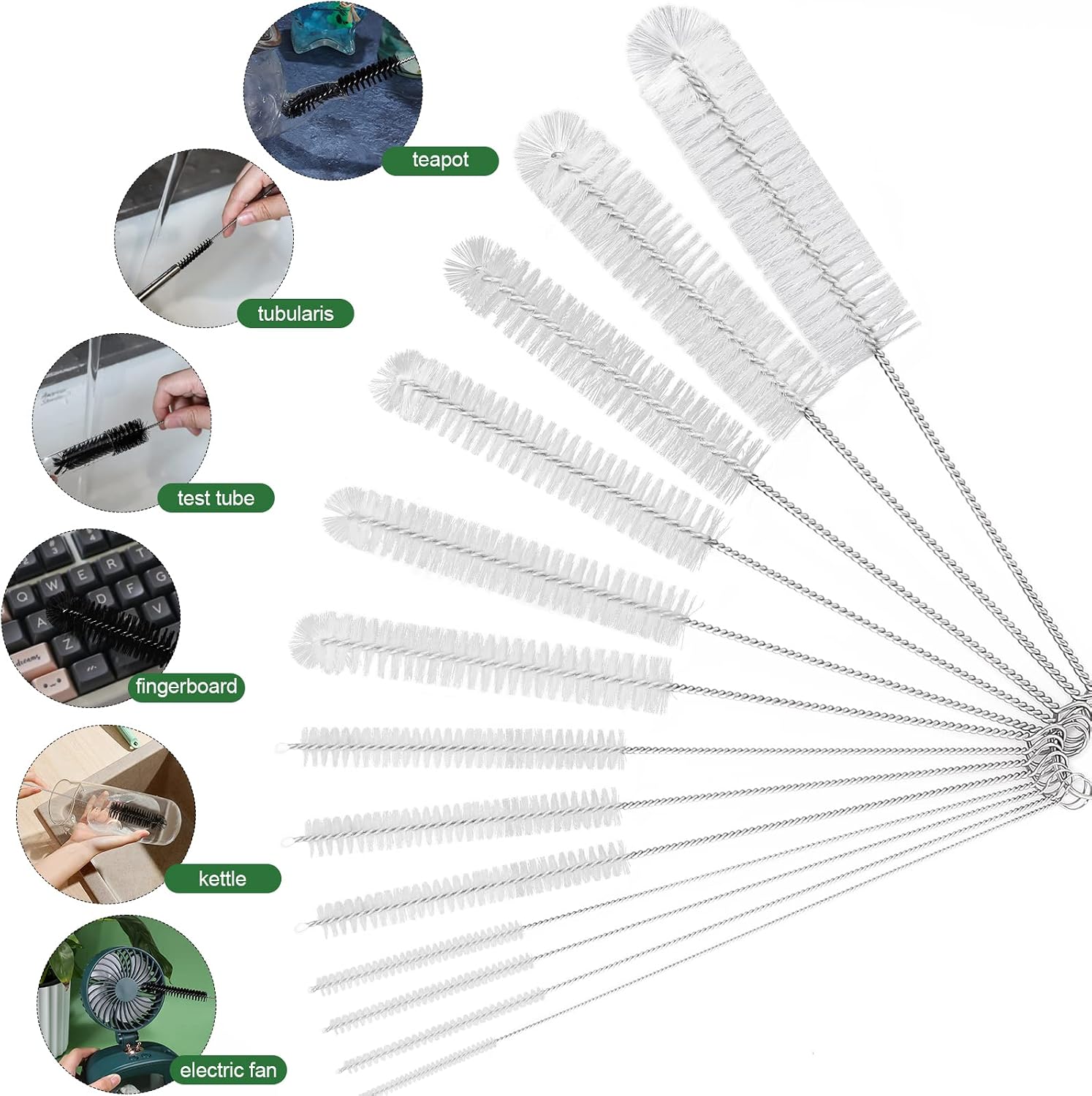 Detalle 2 de CiaraQ 8-Inch Nylon Tube Brush Set, 13-Piece, White, with Stainless Steel Handles
