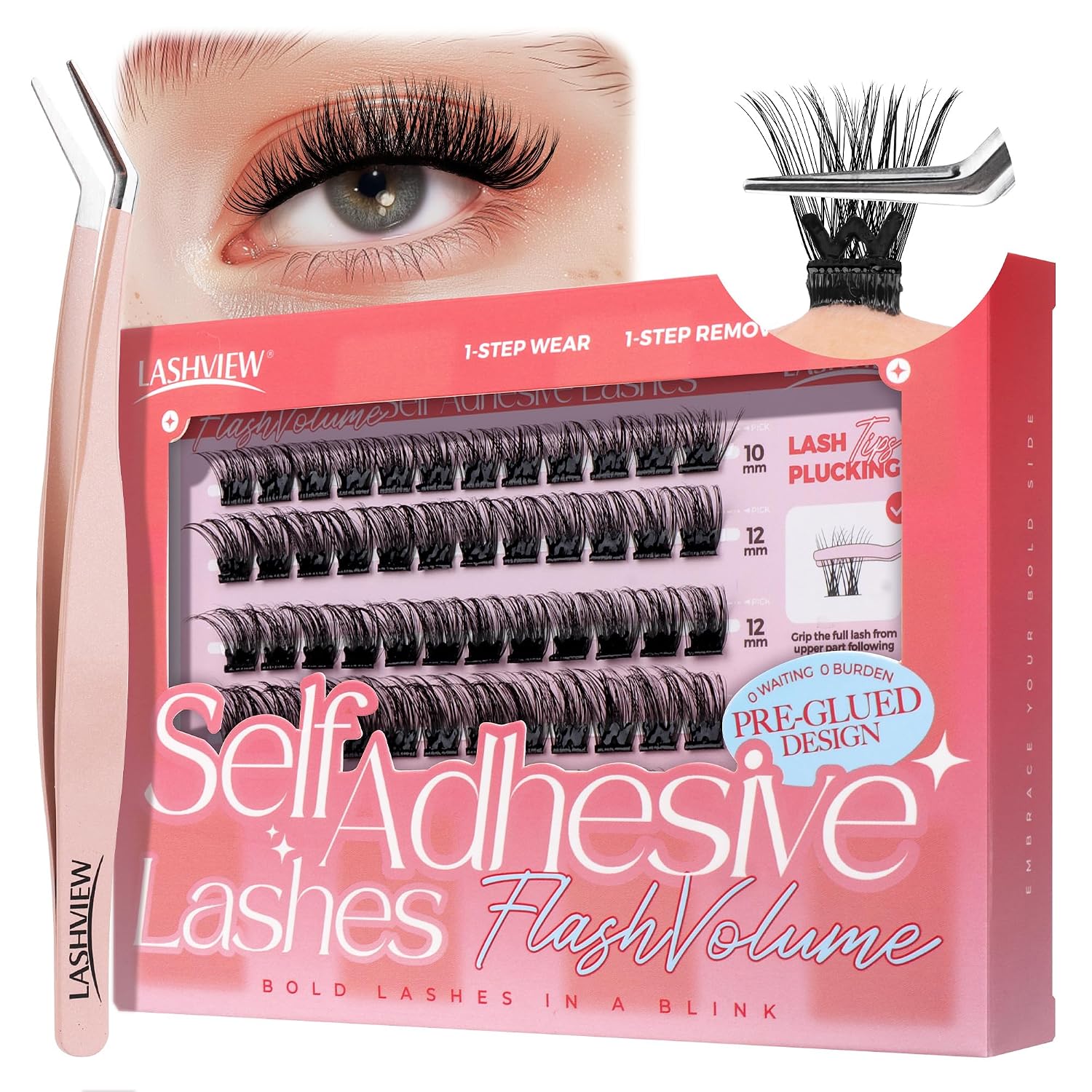 Detalle de LASHVIEW Selbstklebende Wimpern – 72 Stück, 3 Sekunden Aufsetzen, 72 Stunden Halt, 10–16 mm (Z02)