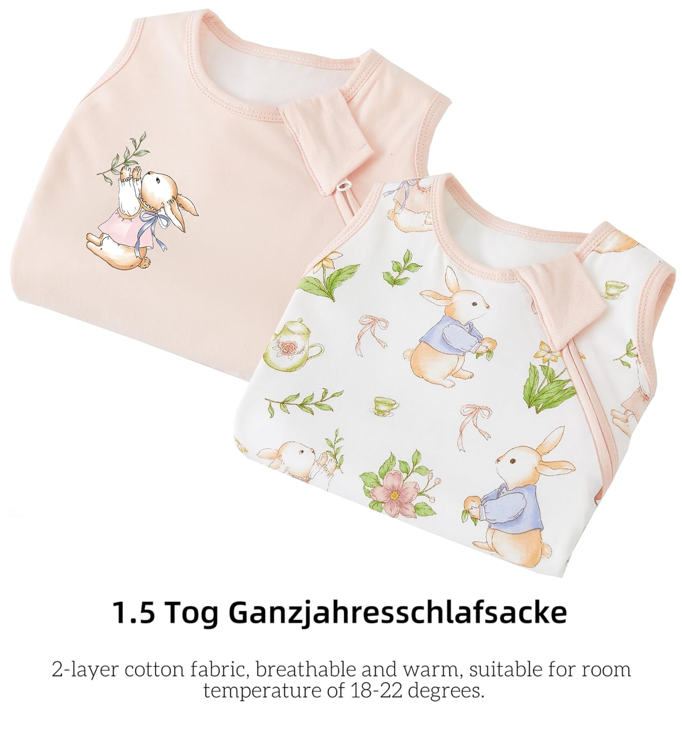 Detalle de Chilsuessy Baby Schlafsack 1.5 Tog im 2er Pack aus 100% Baumwolle – Ganzjahres-Schlafsack (Ganzjahresschlafsack) für Neugeborene