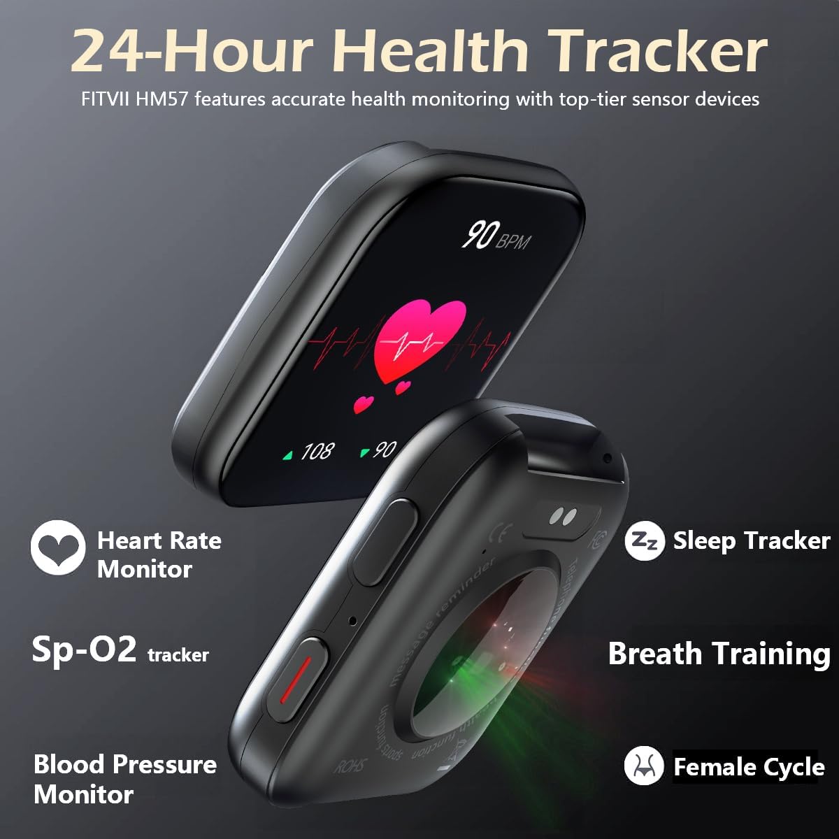 Thumbnail 2 de FITVII Smart Watch for Men & Women (Answer & Make Calls) with 24/7 Heart Rate, Blood Pressure, SpO₂, Sleep & 100+ Sports Modes, 5ATM Waterproof (Black)