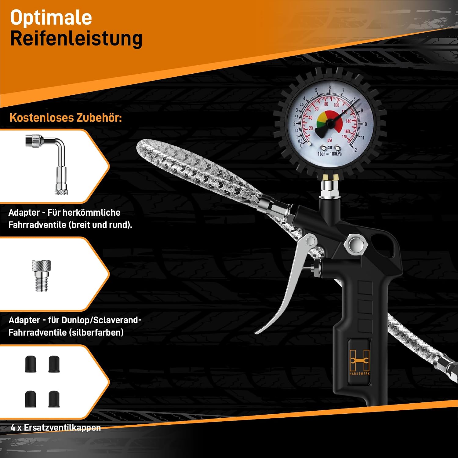 Detalle de Hardtwerk® Reifenfüller Reifendruckprüfer – Reifendruckmesser mit Manometer (0–12 bar) und 304-Edelstahl-Schlauch