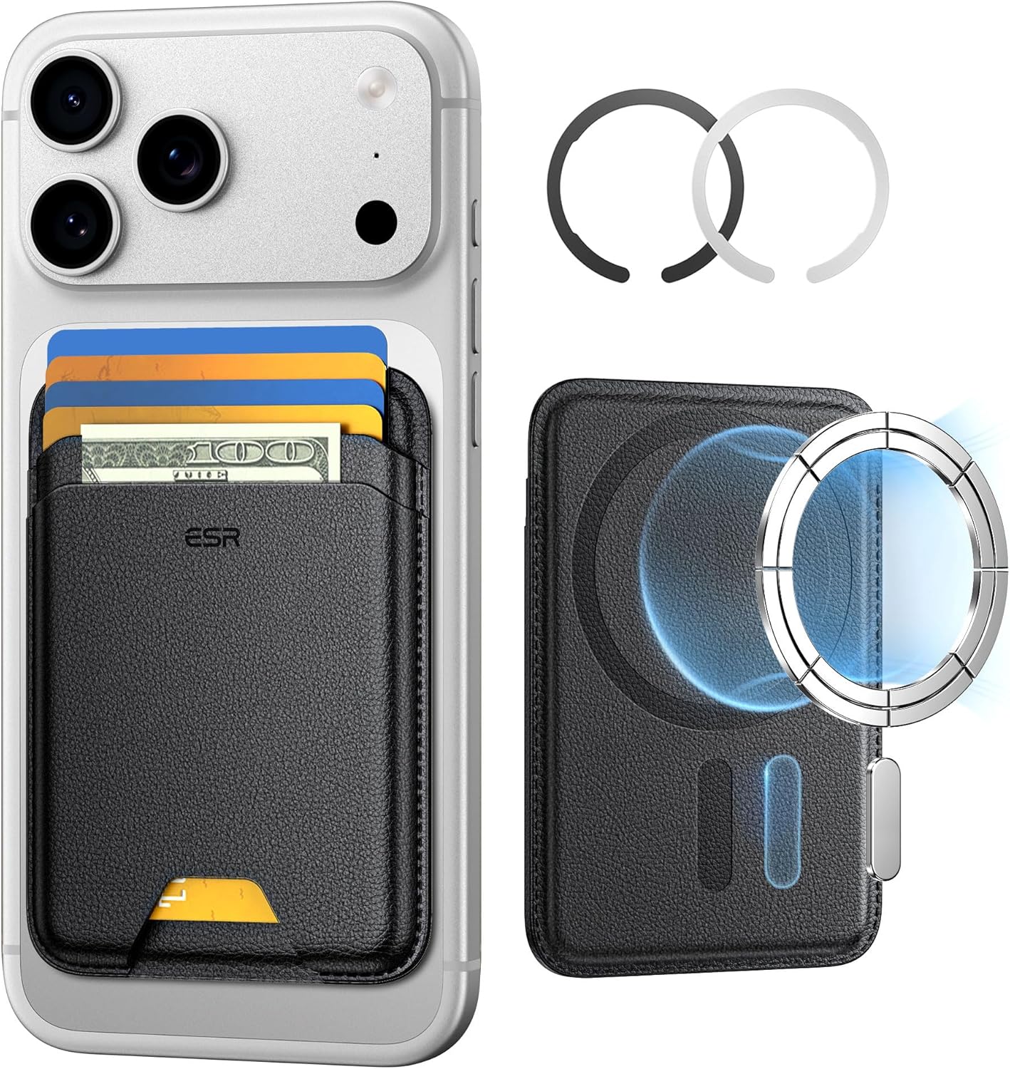 Detalle de Porte-cartes ESR MagSafe avec blocage RFID — 5 cartes, cuir végan, maintien 3200 g, compatible iPhone 17/16/15/14/13/12 et Samsung