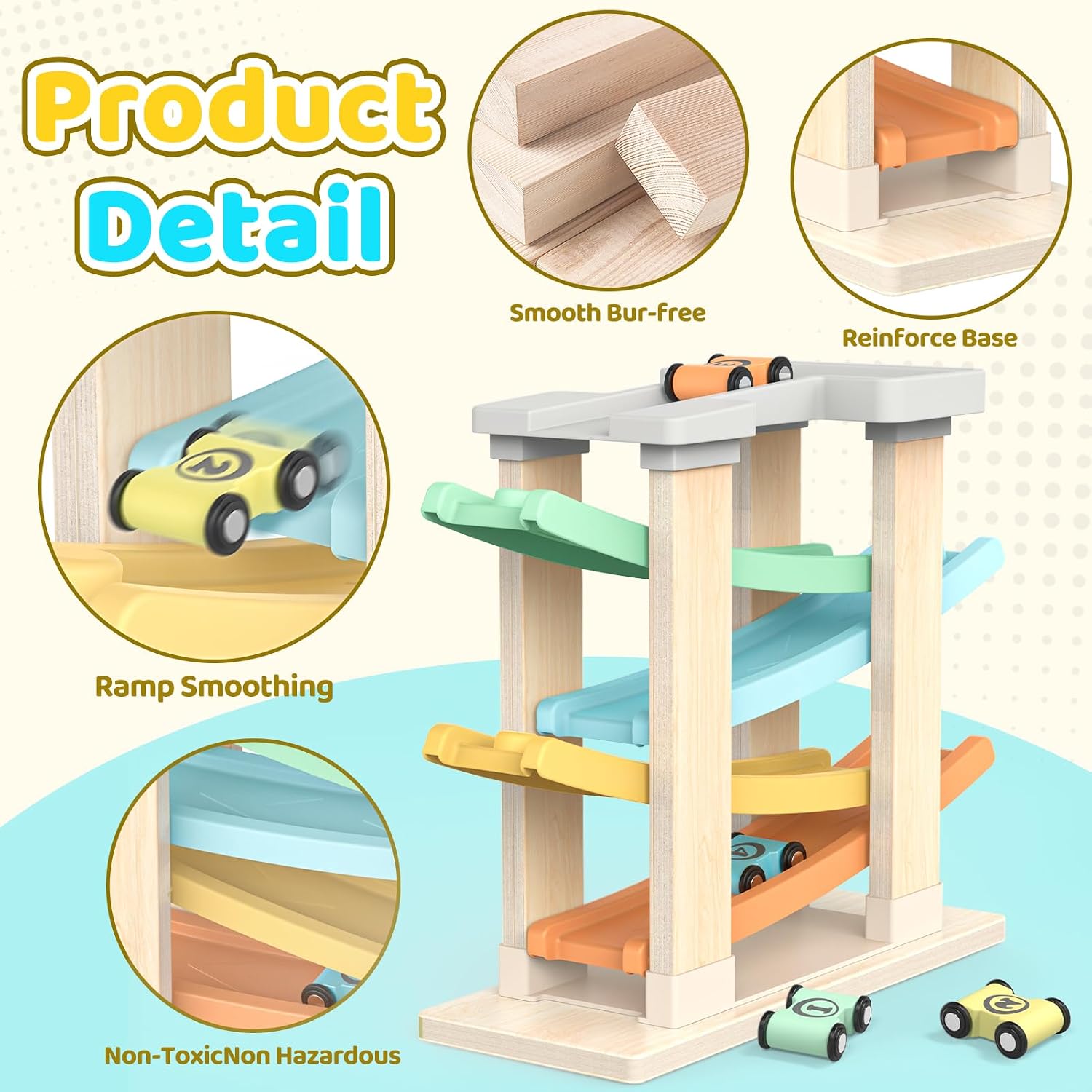 Detalle de Toyzey Wooden Toys Cars Ramp – Montessori-inspired Car Ramp Set for 1–3 Year Olds