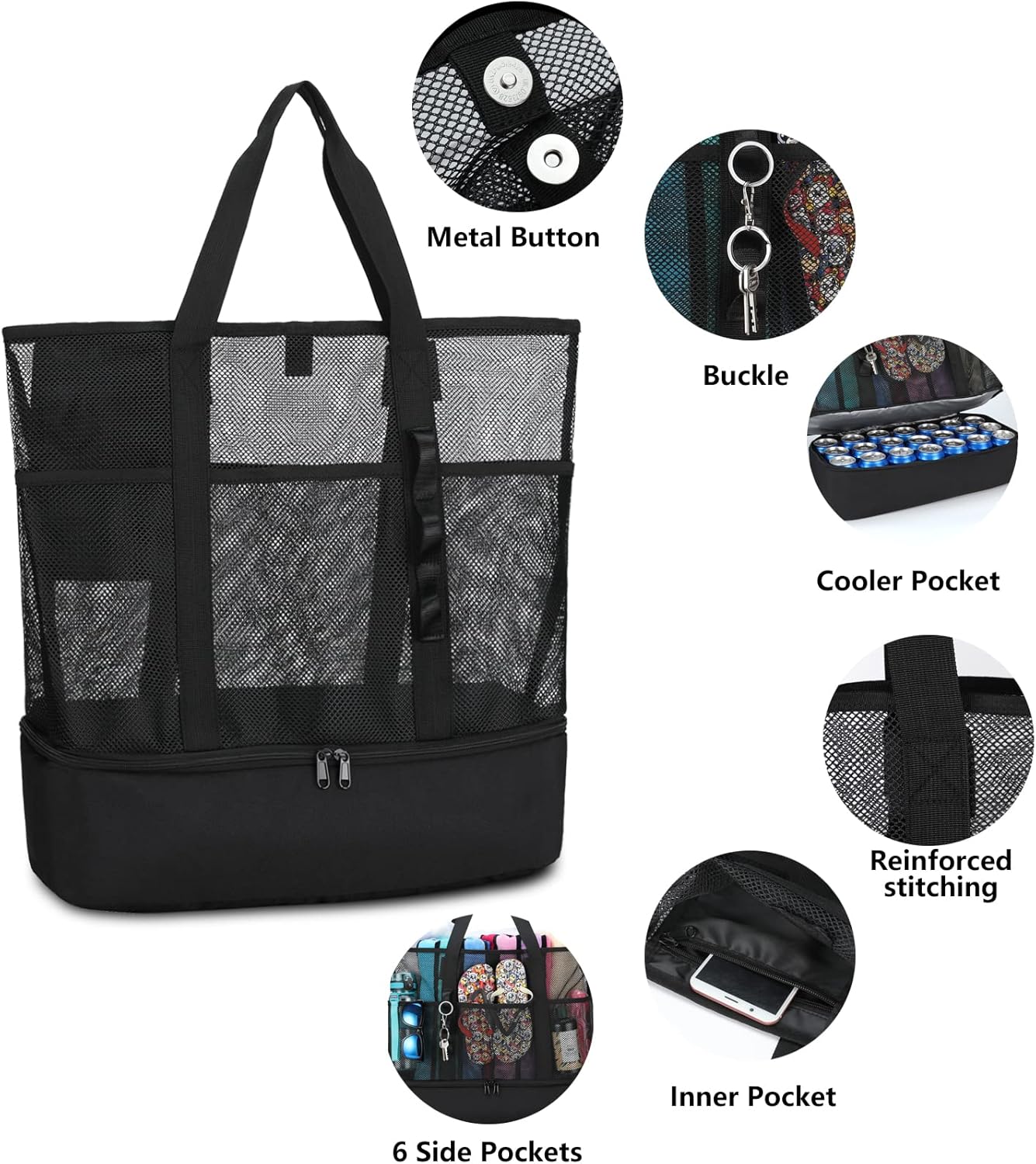 Detalle de UYLIA Large Tote Mesh Beach Bag with Cooler – 8-pocket sandproof waterproof foldable tote