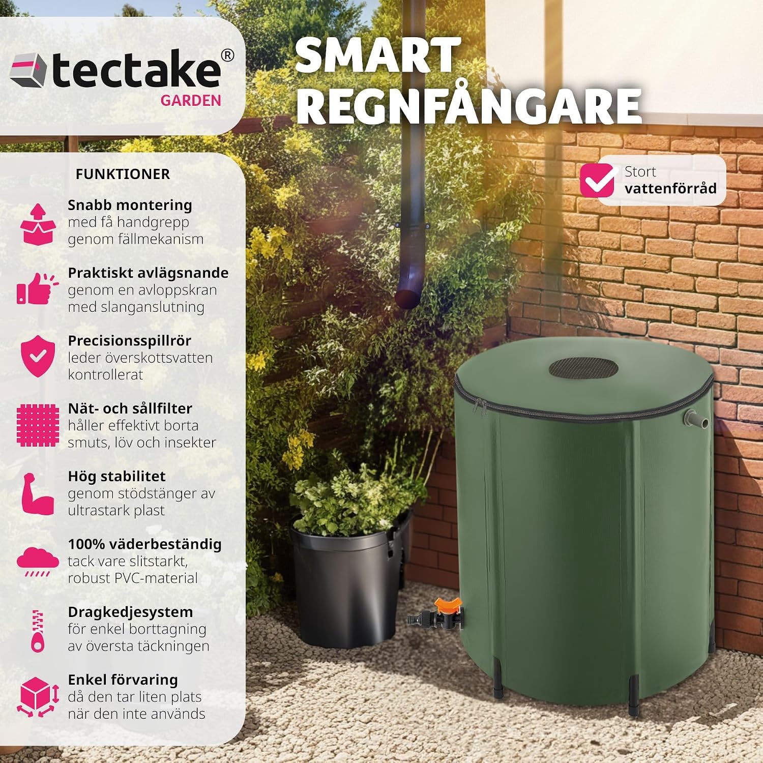 Detalle de tectake 403507-SE hopfällbar regntunna, 200 liter med överrinningsskydd