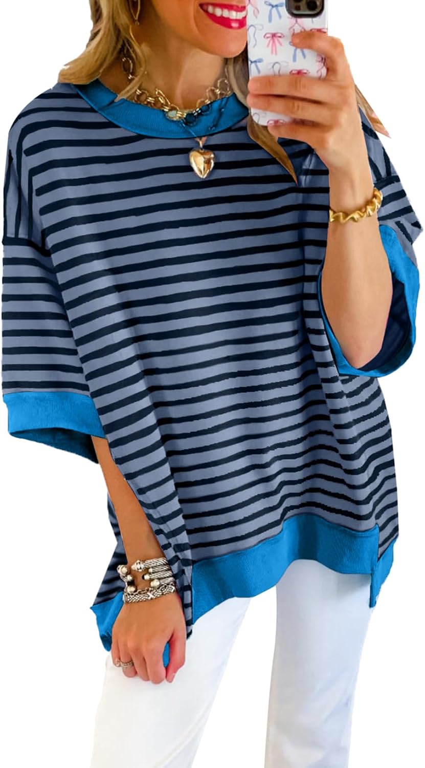 Thumbnail 2 de SHEWIN Women’s Striped Short-Sleeve Crewneck Sweatshirt Top