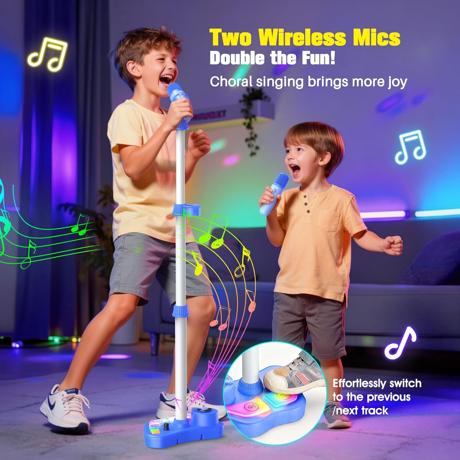 Thumbnail 1 de Karaoke Maschine mit zwei Mikrofonen für Kinder 3–12 Jahre – verstellbarer Mikrofonständer (47–108 cm) inkl. LED-Effekte