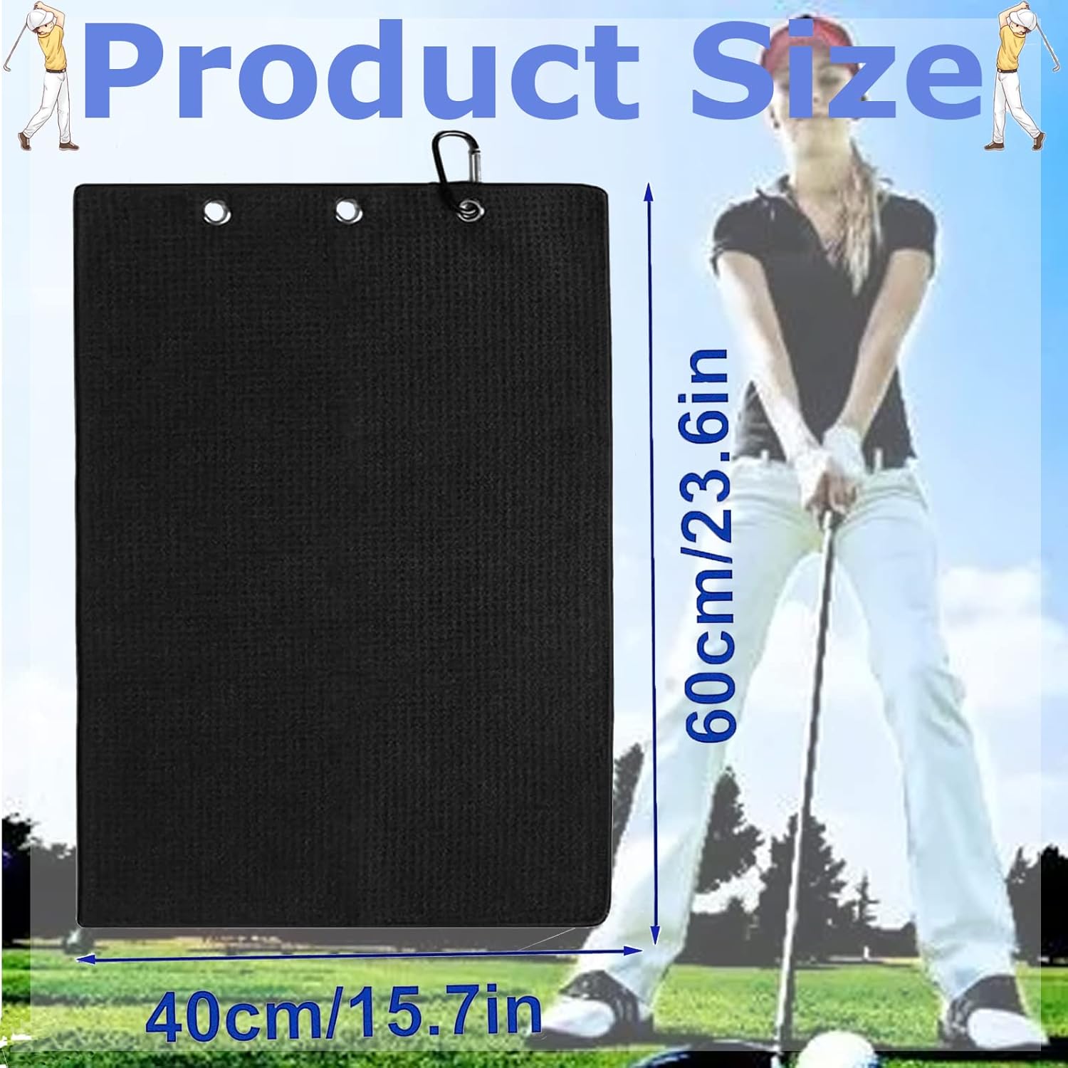 Thumbnail 4 de QeeHeng 2er Golf-Handtuch-Set aus Mikrofaser mit Waffelmuster, 60 × 40 cm, Tri-Fold inkl. Karabiner-Clip – Schwarz/Blau