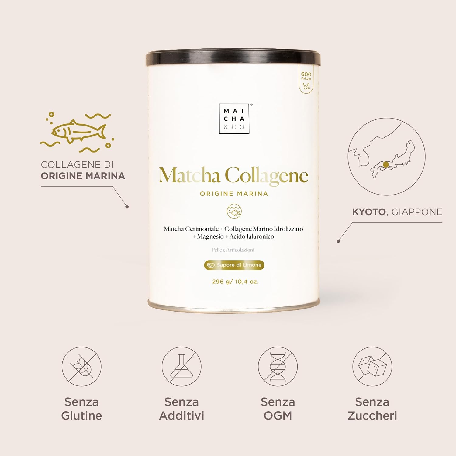 Detalle 2 de Collagene al Matcha: collagene marino con magnesio, tè matcha e acido Ialuronico – 296 g
