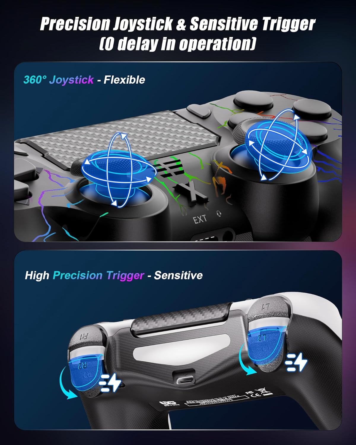 Thumbnail 1 de RUIZHI Controller LED Wireless per PS4 (PS4/Pro/Slim) e PC, 2 pezzi con batteria 1000 mAh e cavo USB‑C, nero e bianco