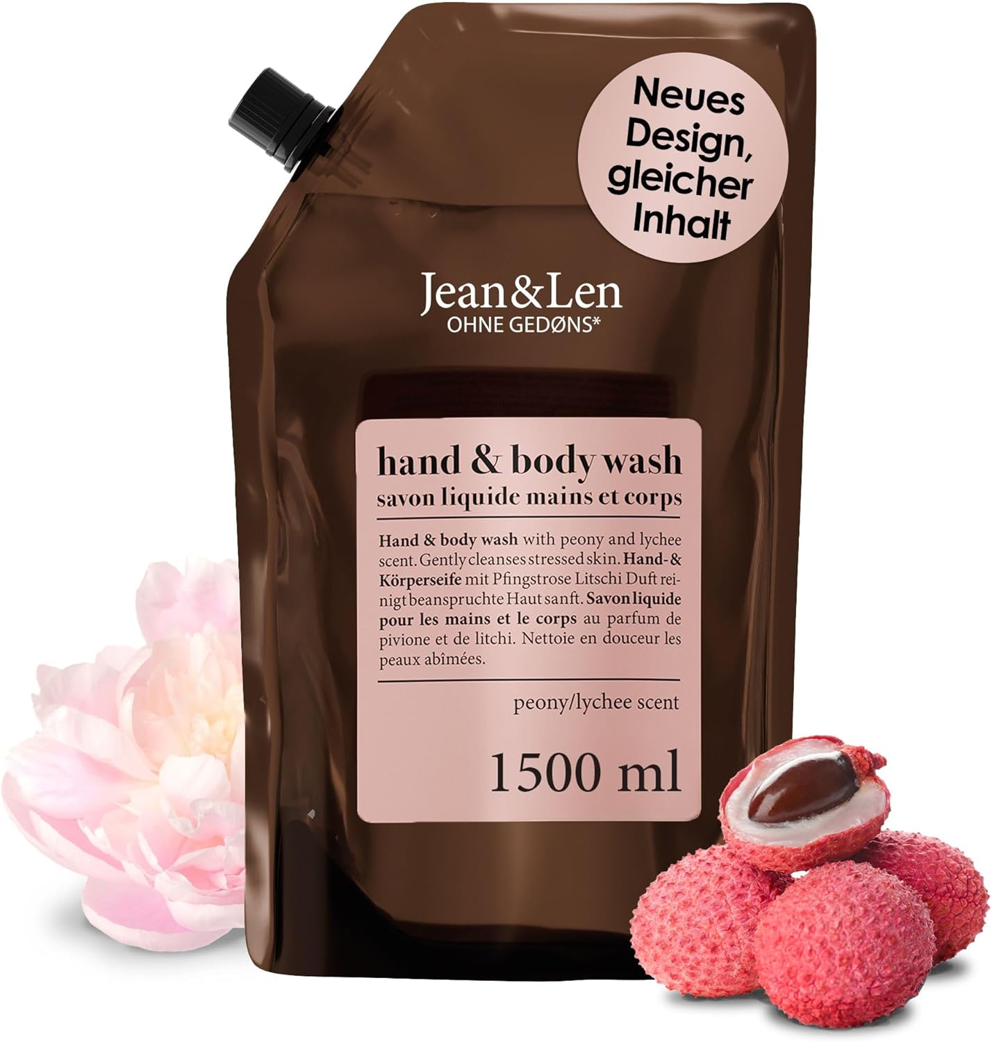 Jean & Len Lavamani e Corpo Peonia e litchi – sapone liquido ricarica 1,5 L, vegan, senza parabeni e siliconi