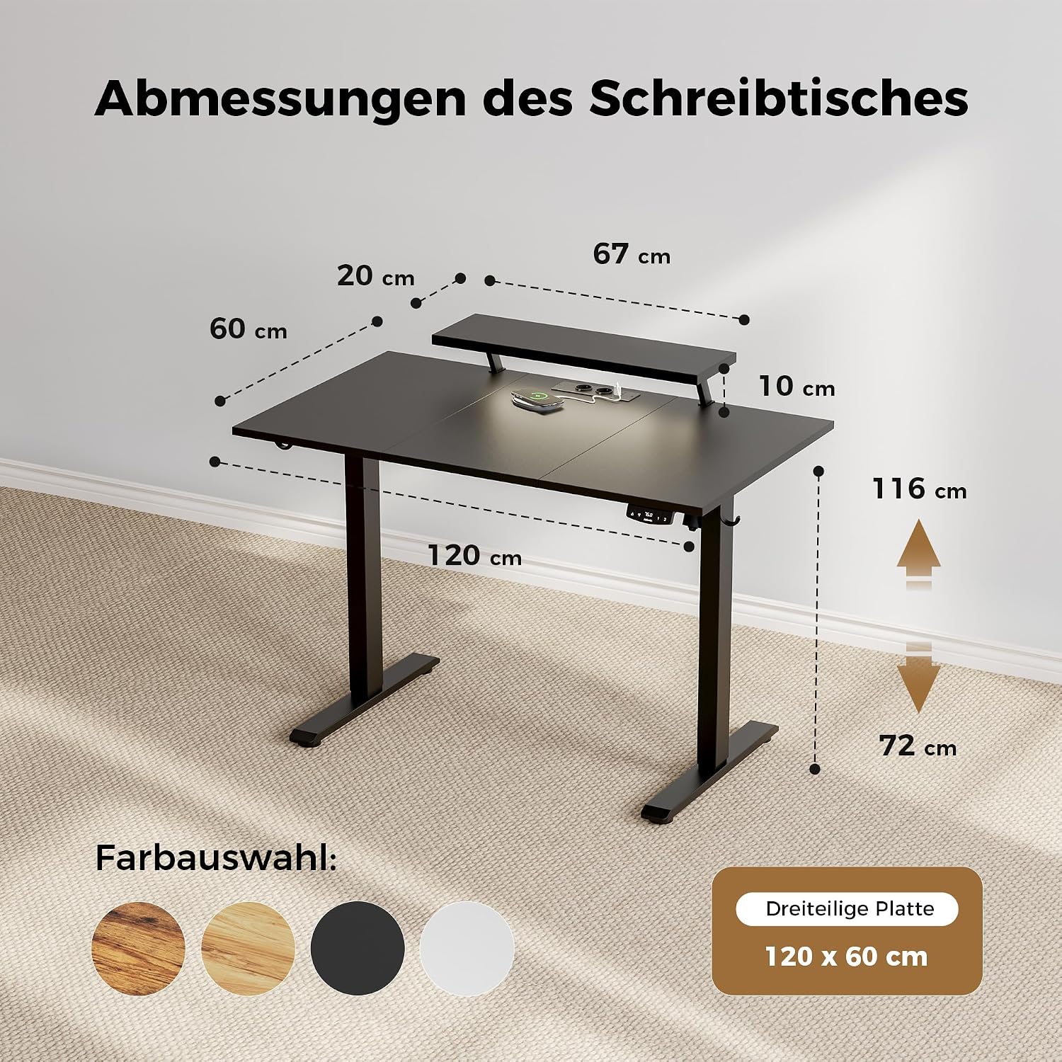 Detalle de Agilestic: Höhenverstellbarer Schreibtisch mit beweglichem Monitorständer – 120 x 60 cm, elektrisch, inkl. USB-Dose & LED-Lichtleiste