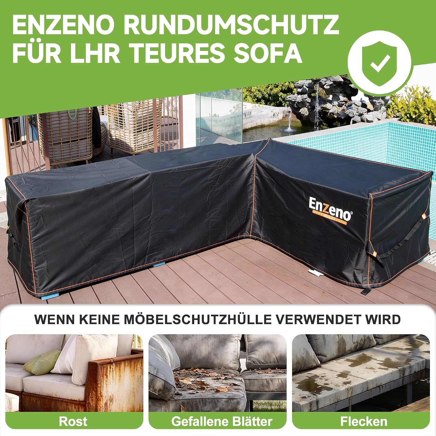 Detalle de Enzeno Abdeckung für Gartenmöbel in L‑Form – wasserdicht, winddicht, 215×215×87 cm
