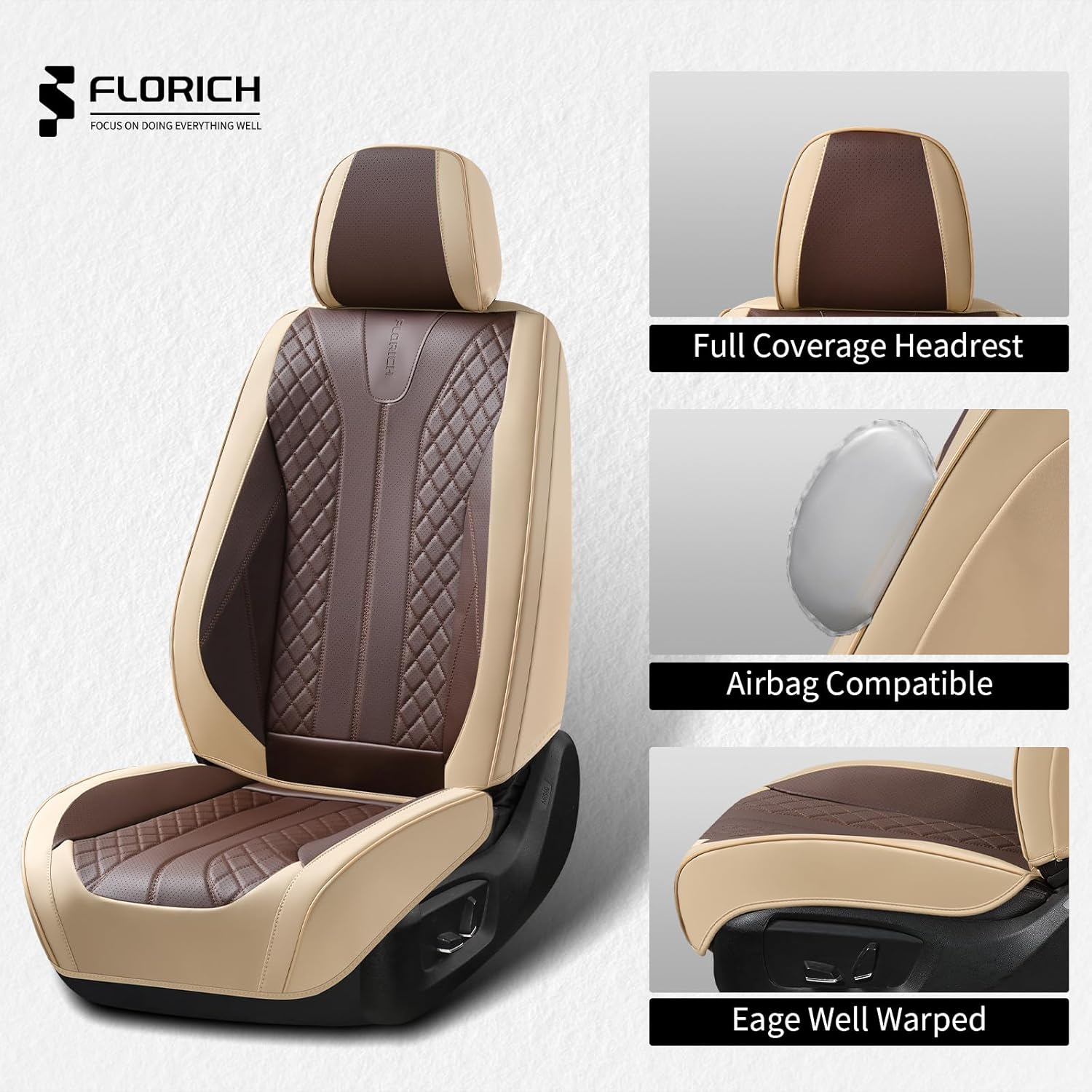 Detalle de FLORICH Front and Back Leather Seat Covers for Cars – Full Set (5 Seats), Beige & Coffee, Universal Fit