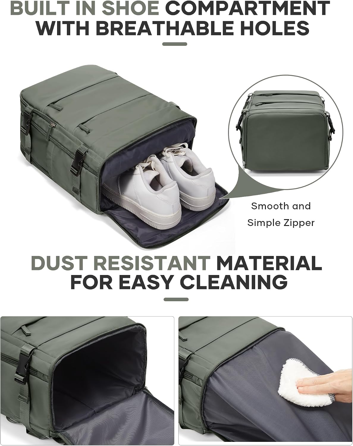 Detalle 2 de BJLFS Mochila de cabina 40x30x20 para avión (Ryanair/Wizz Air/Vueling), portátil 17” y bolsillo seco-húmedo - Verde