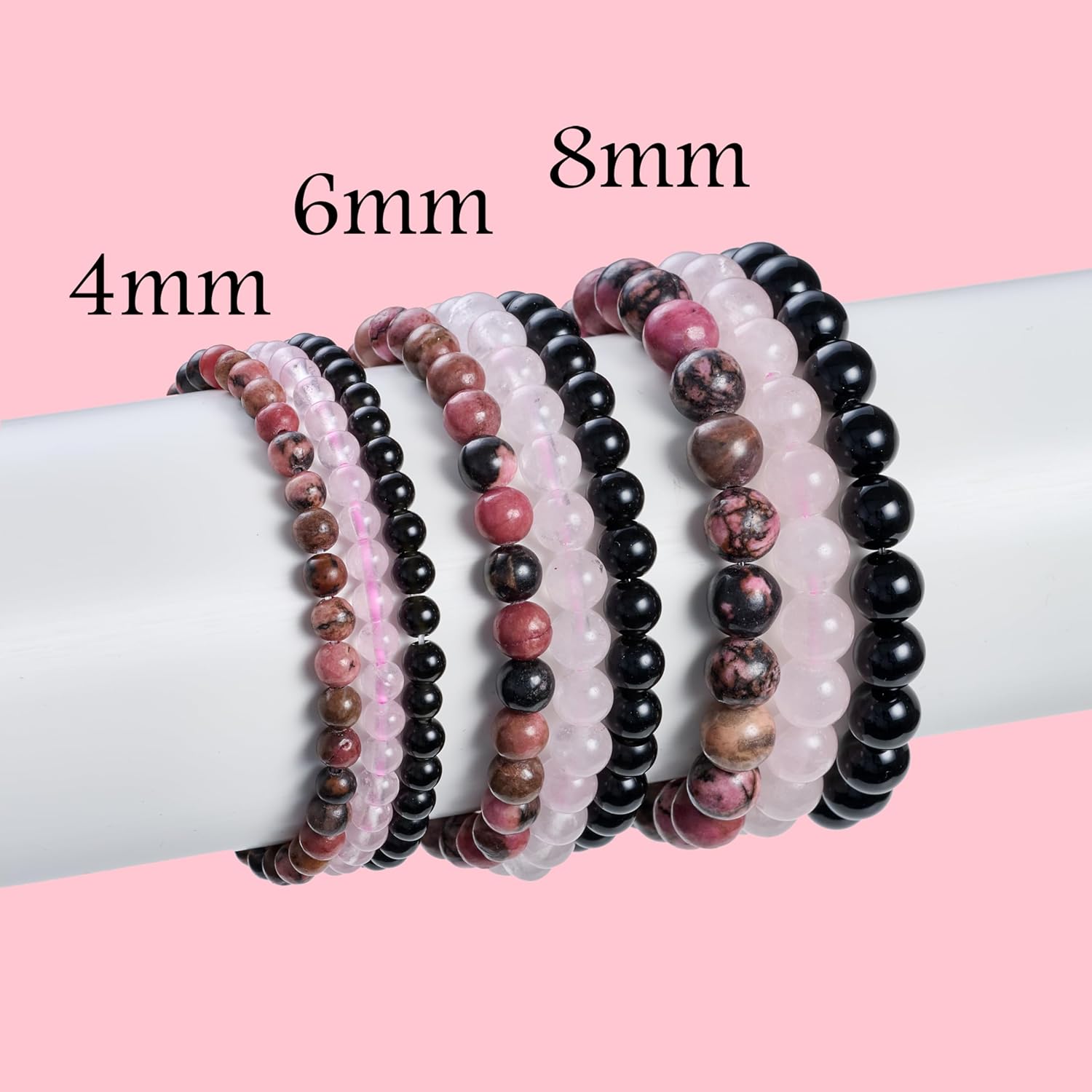 Thumbnail 4 de Bivei 3-teiliges Perlenarmband Damen – Handgefertigtes Heilstein-Set aus Rhodonit, Rosenquarz und Schwarzer Obsidian