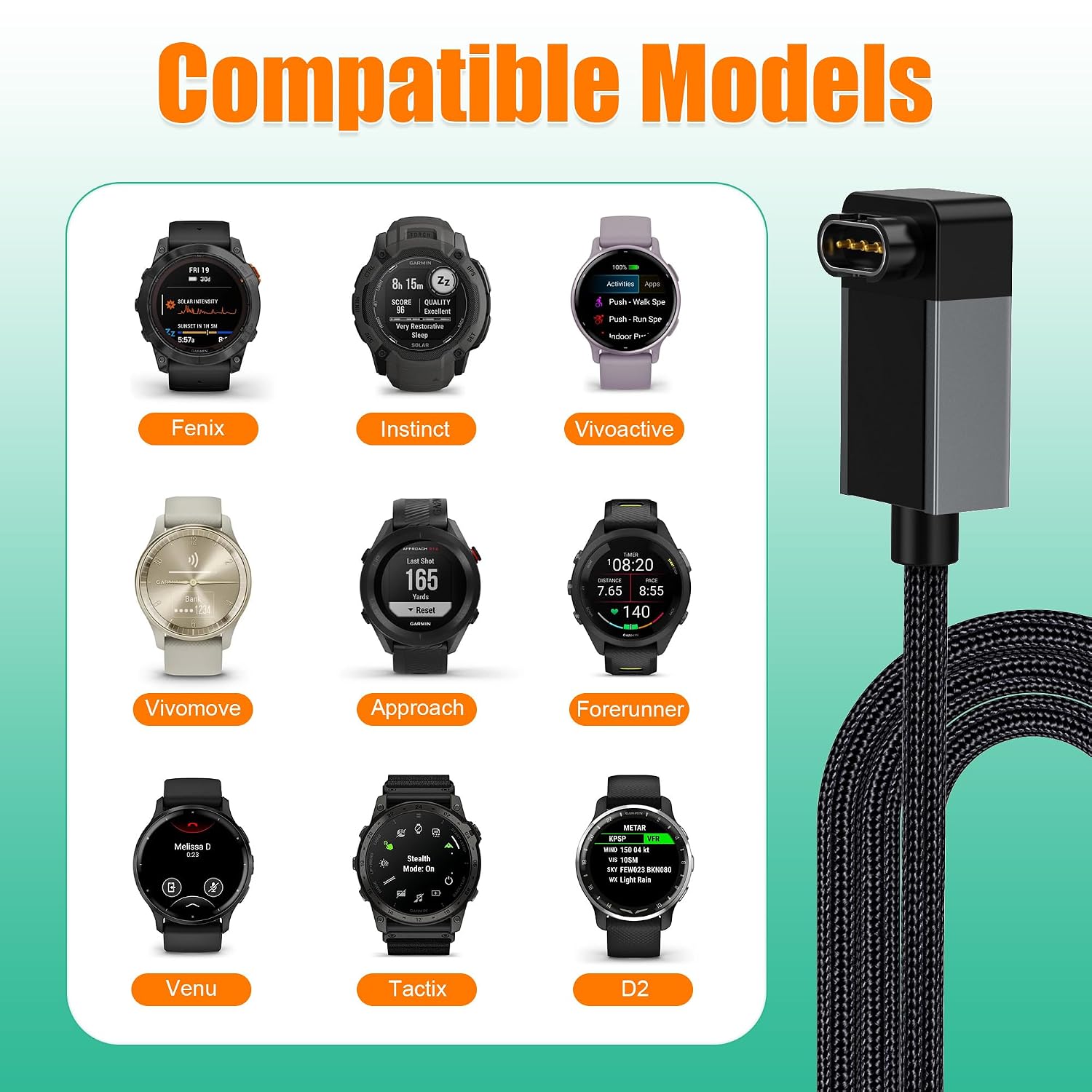 Detalle 1 de AGVEE CGW2-GBB81 Garmin Watch Charger, 2-Pack, 3.3ft L-Shape Cable
