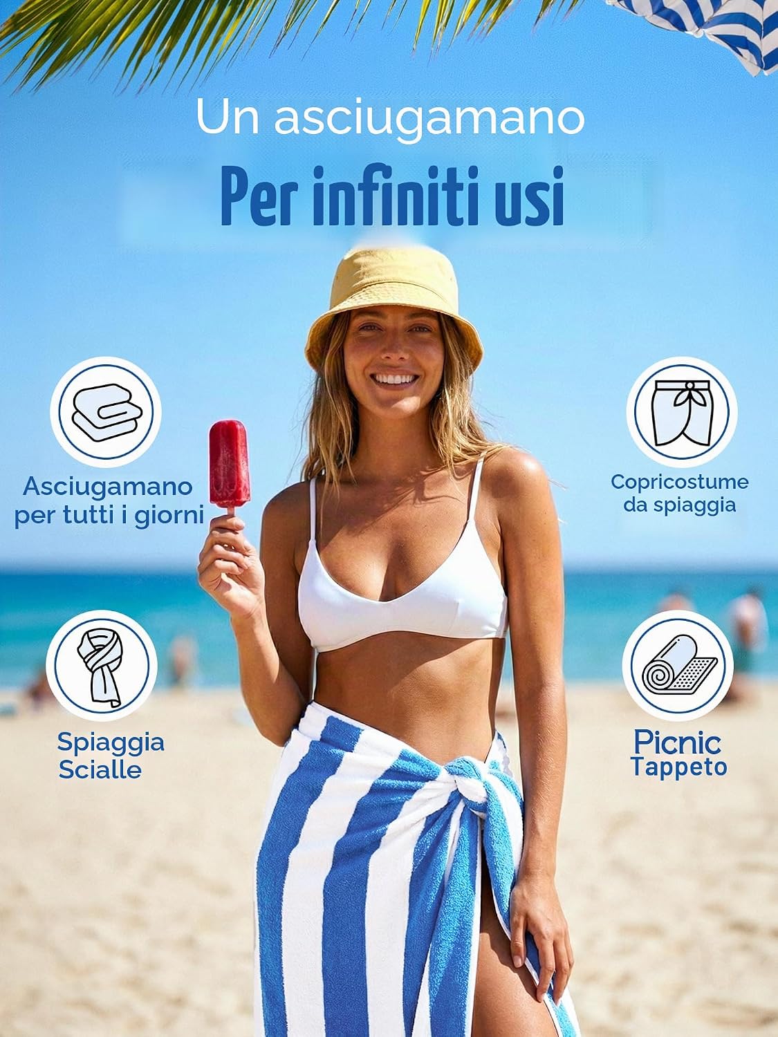 Detalle de Utopia Towels: Grandi Asciugamani da Spiaggia/Piscina a righe Cabana 76x152 cm – set da 4 in cotone 100% filo ad anello, blu