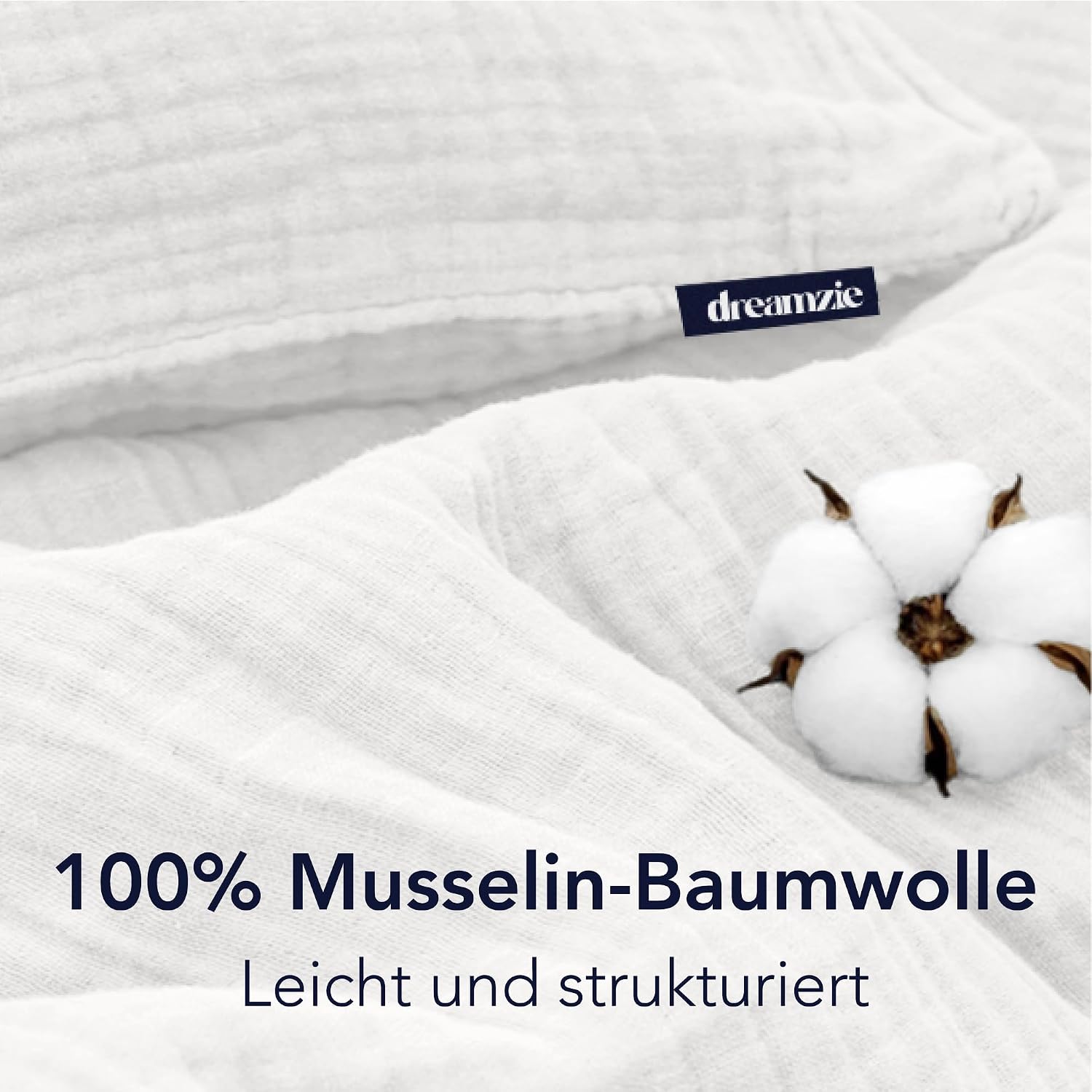 Thumbnail 1 de Dreamzie Musselin-Bettwäsche 135x200 cm (100% Baumwolle) mit Reißverschluss, 2 Kissenbezüge 80x80 cm – Weiß
