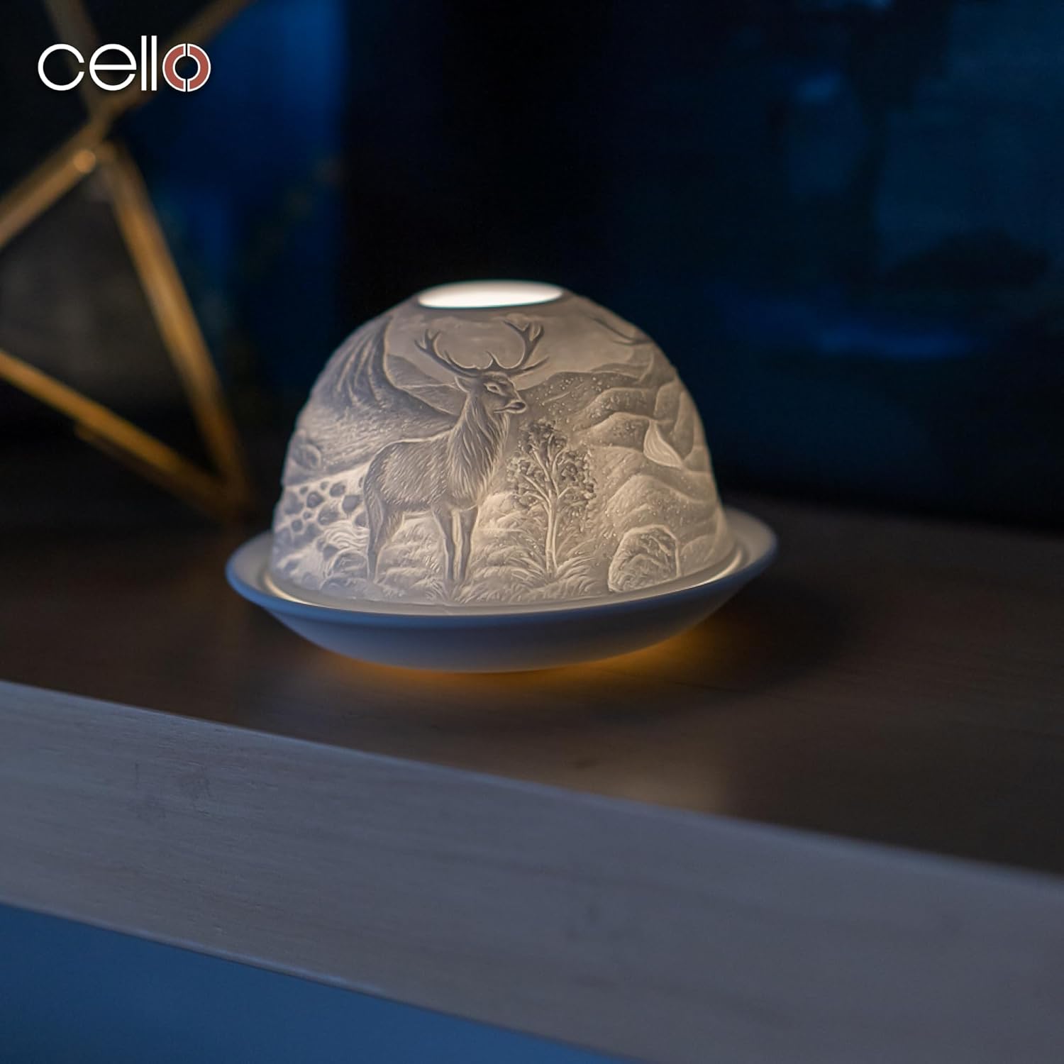 Thumbnail 5 de Cello Photophore en porcelaine en forme de dôme avec cerf en lithophane – effet 3D