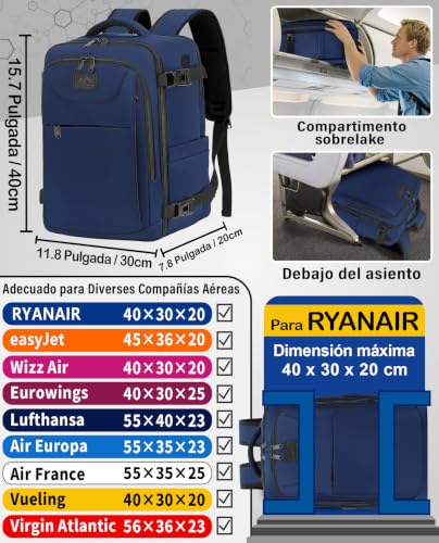 Thumbnail 1 de LYNXCHER Mochila de cabina 40x30x20 para viaje en avión 24L, 15,6” y uso mixto (azul oscuro)