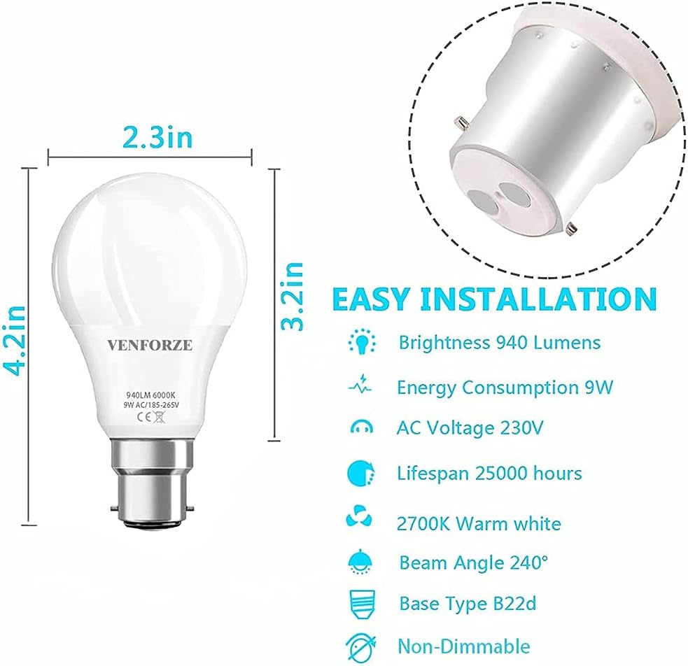 Thumbnail 5 de Venforze Bayonet Light Bulbs 9W (60W Equivalent) 940lm 6000K/2700K B22 Non-Dimmable
