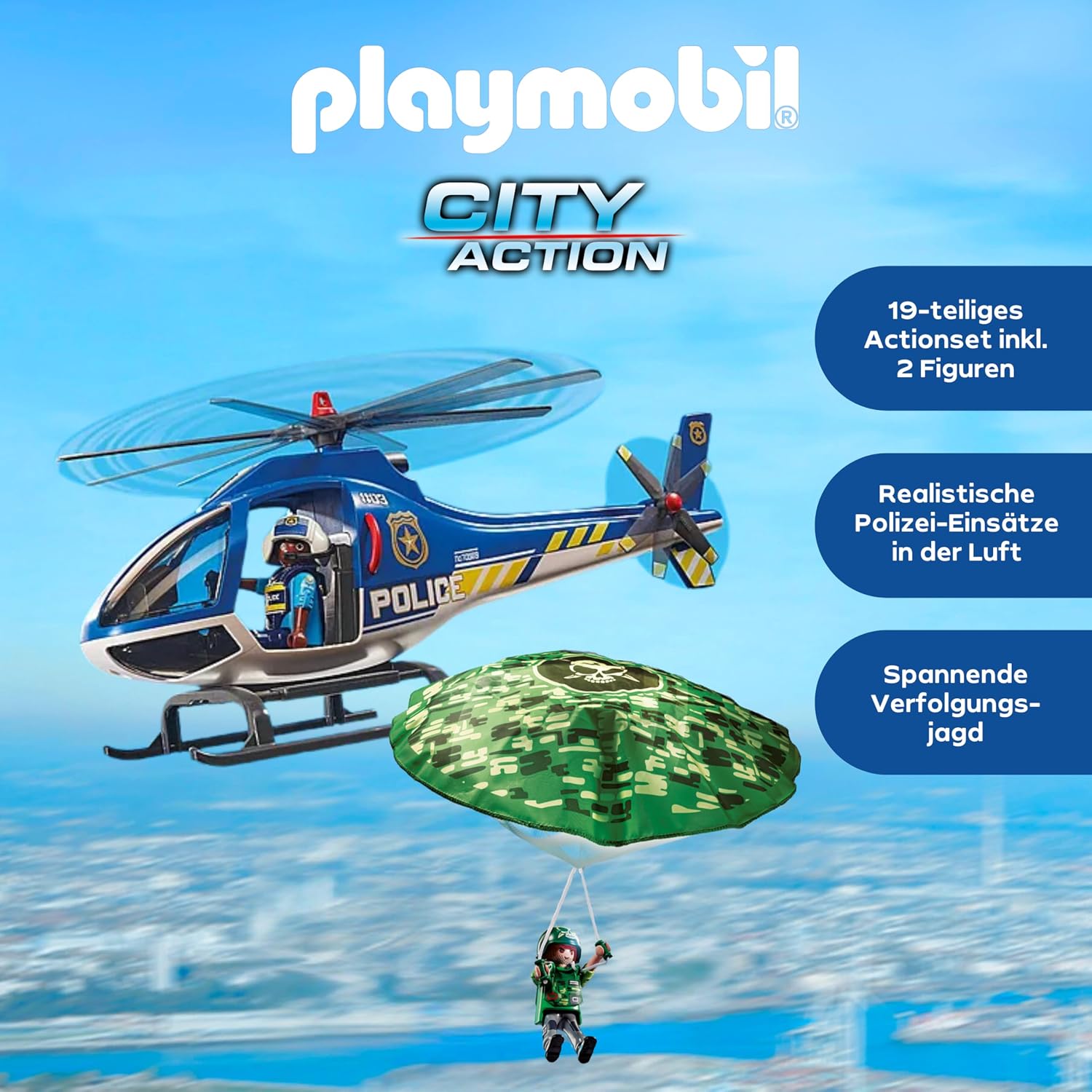 Detalle de PLAYMOBIL City Action Polizei-Hubschrauber 70569 – Fallschirm-Verfolgung