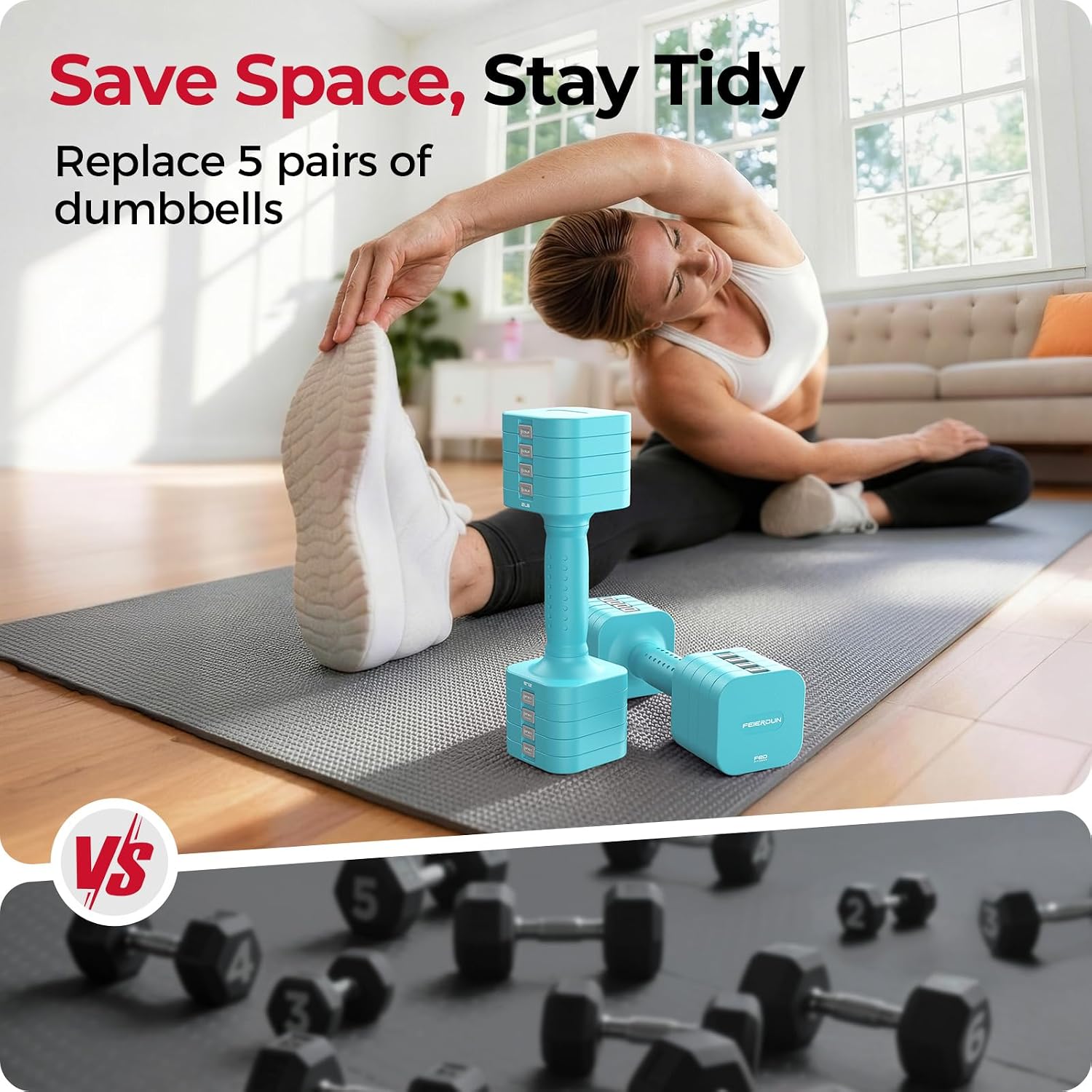Detalle de FEIERDUN Adjustable Dumbbells 5-in-1