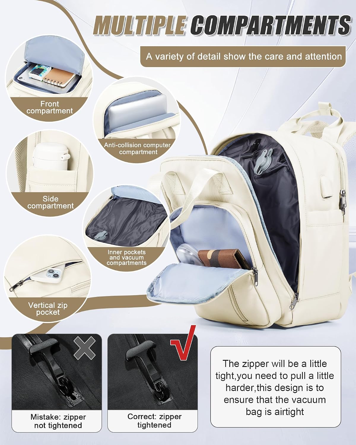 Detalle 2 de SZLX sac à dos de voyage sous vide avec pompe intégrée, format cabine (40 x 20 x 25) compatible Ryanair