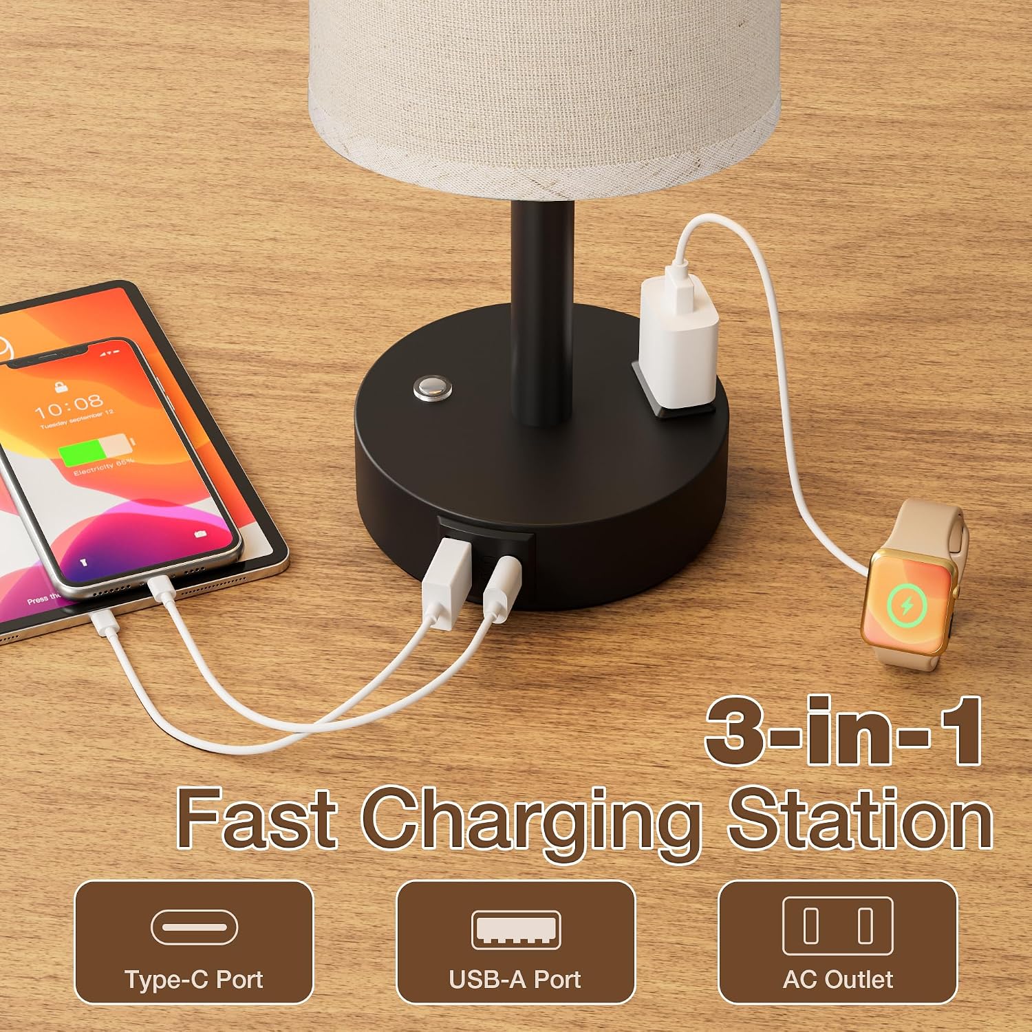 Detalle de aooshine R2TE1 Touch Bedside Lamp, Stepless Dimming, USB-A/C and AC Outlet