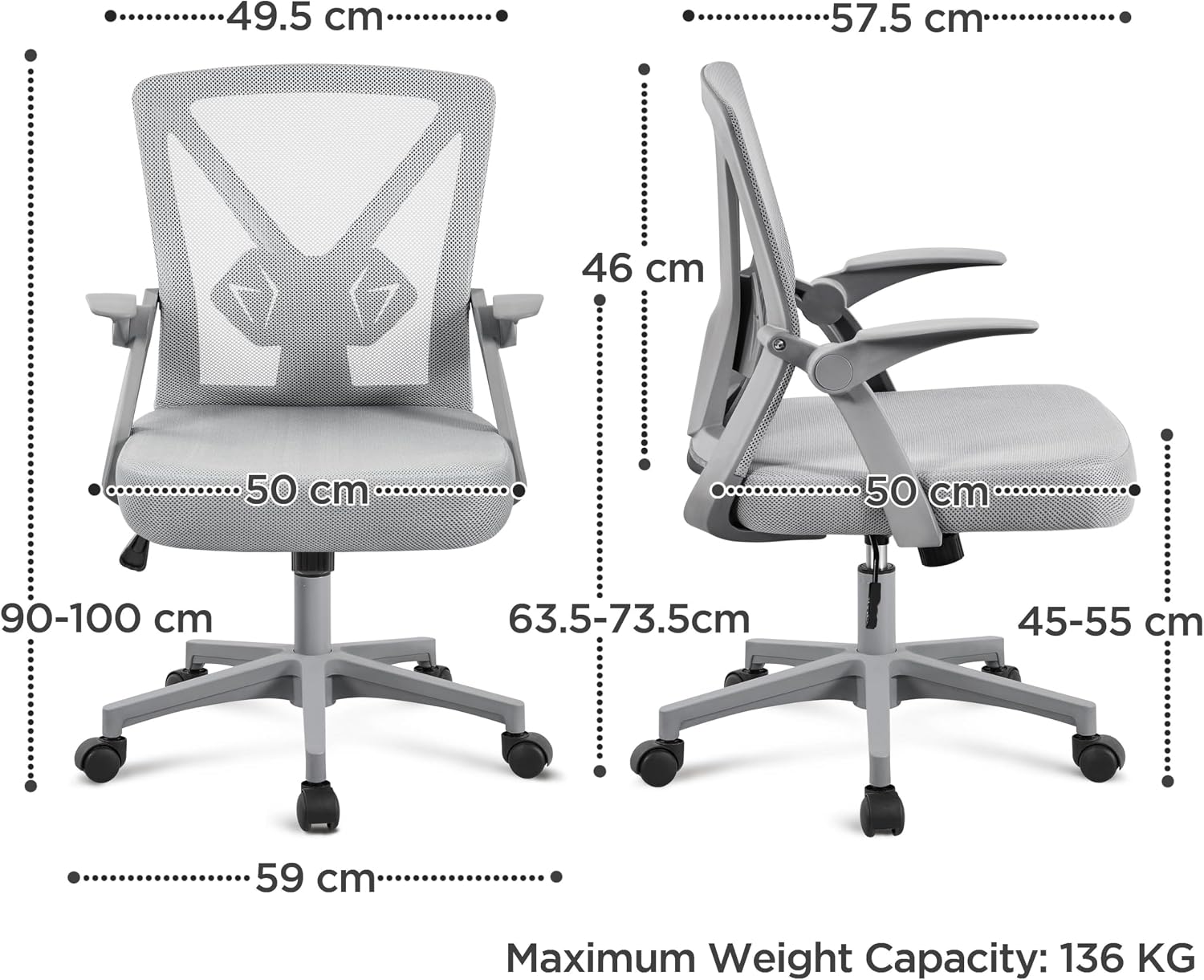 Detalle de Yaheetech sedia da ufficio ergonomica con braccioli reversibili e schienale in rete, supporto lombare regolabile, grigia