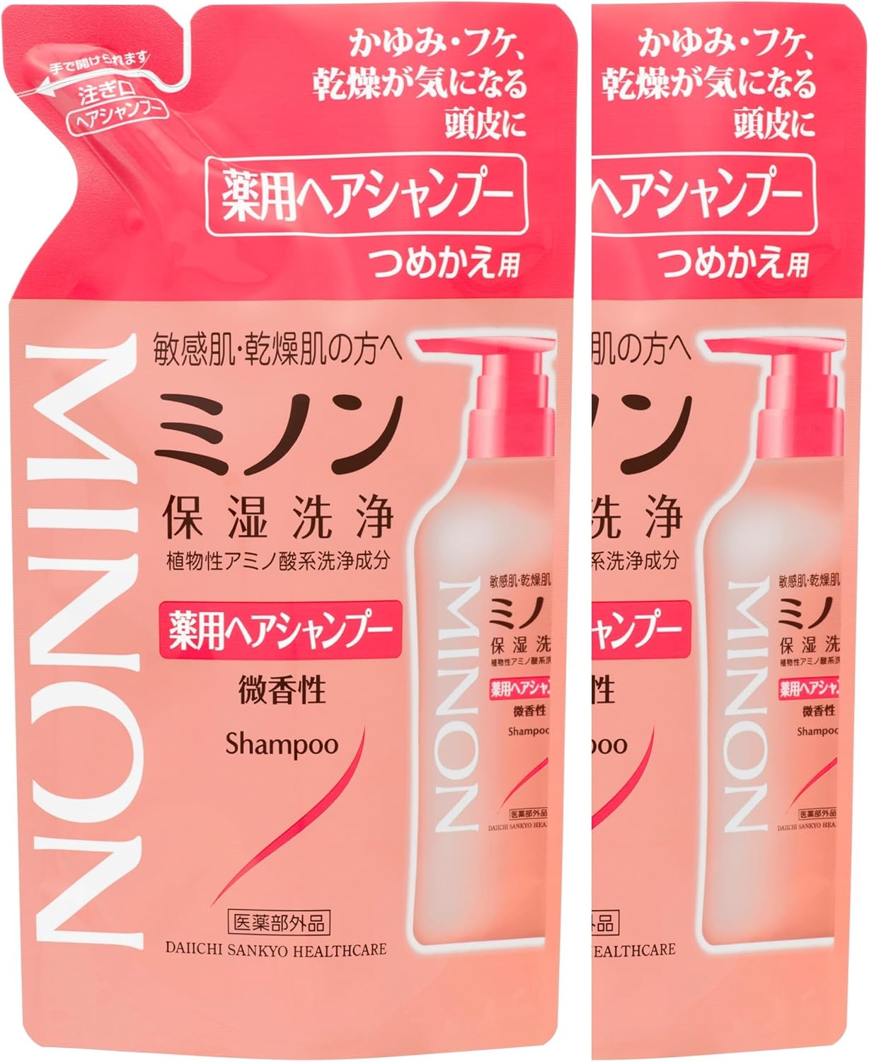Detalle de ミノン 薬用ヘアシャンプー つめかえ用 380mL×2個セット|弱酸性・低刺激性、サンプル付き