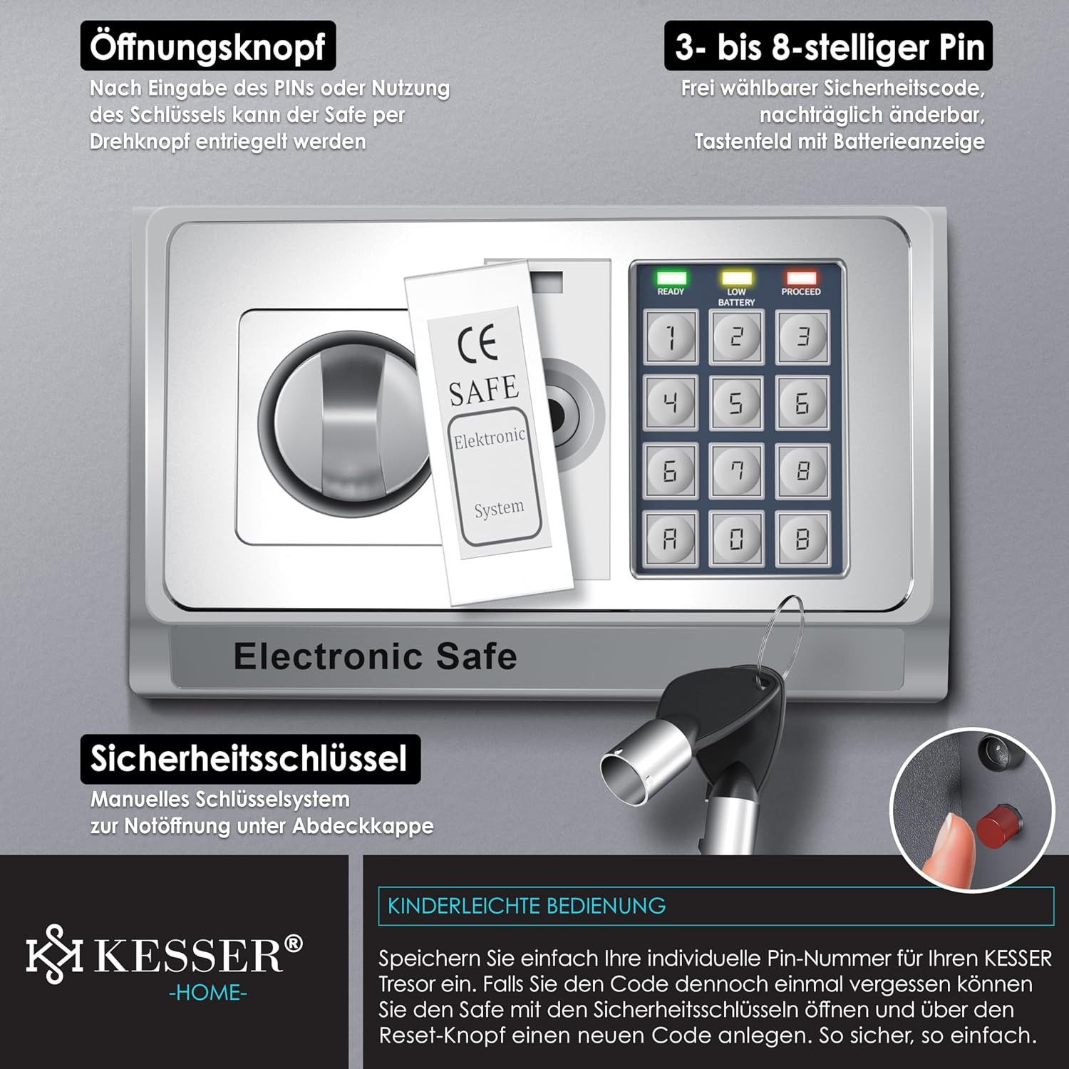 Detalle de KESSER Elektrischer Tresor 50x35x34,5 cm – LED-Anzeige, Doppelbolzenverriegelung, Wand- oder Möbeltresor