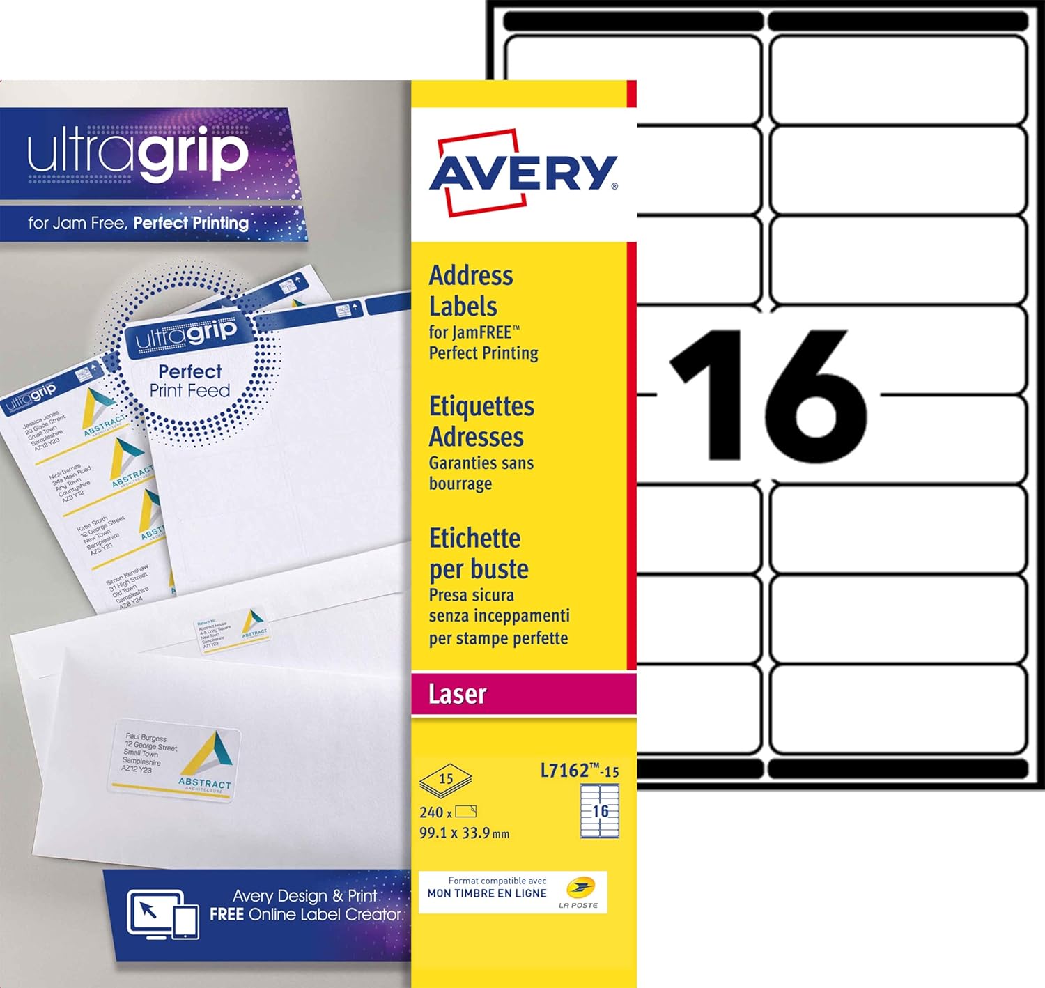 Étiquettes Adresse Auto-adhésives Avery L7162-15 – 240 Pièces, 99,1 x 33,9 mm, Anti-Bourrage, Impression Laser