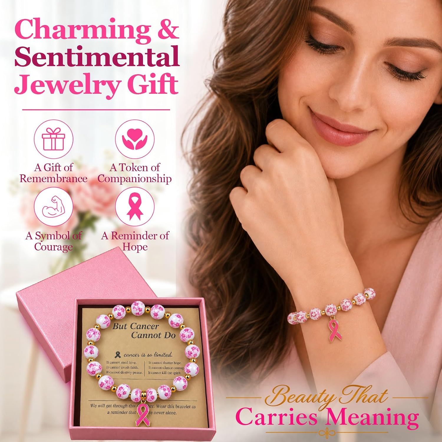 Detalle 2 de Breast Cancer Awareness Bracelet with Ceramic Beads