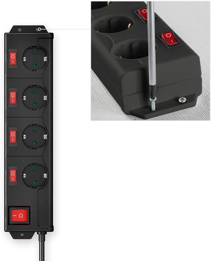 Thumbnail 3 de Hama 4-fach schaltbare Steckdosenleiste (Wandmontage, 1,4 m Kabel) schwarz – mit 90° gedrehten Steckdosen