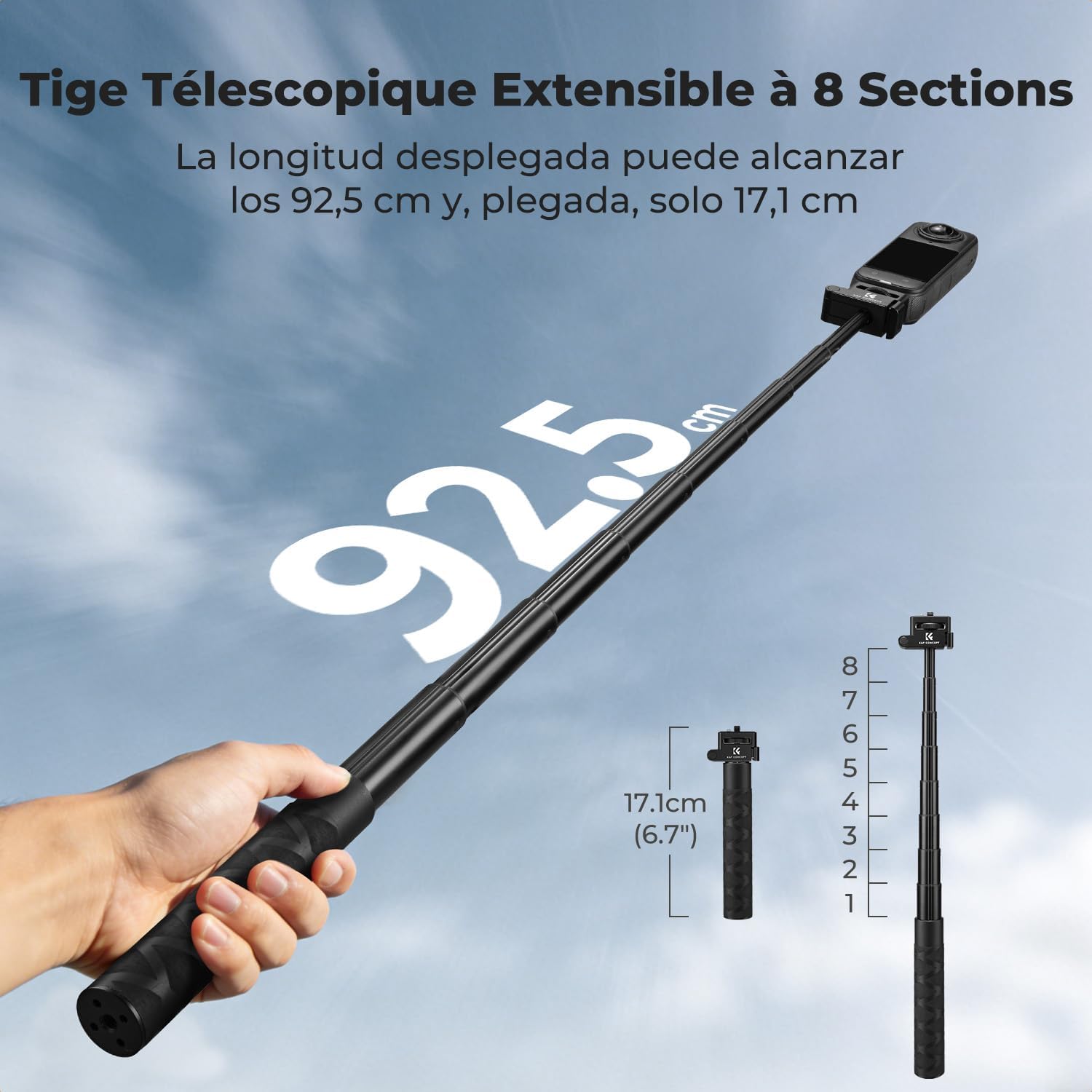 Thumbnail 2 de K&F CONCEPT Perche à Selfie Pliable Invisible en Aluminium 92,5 cm – Compatible Insta360 et DJI Pocket