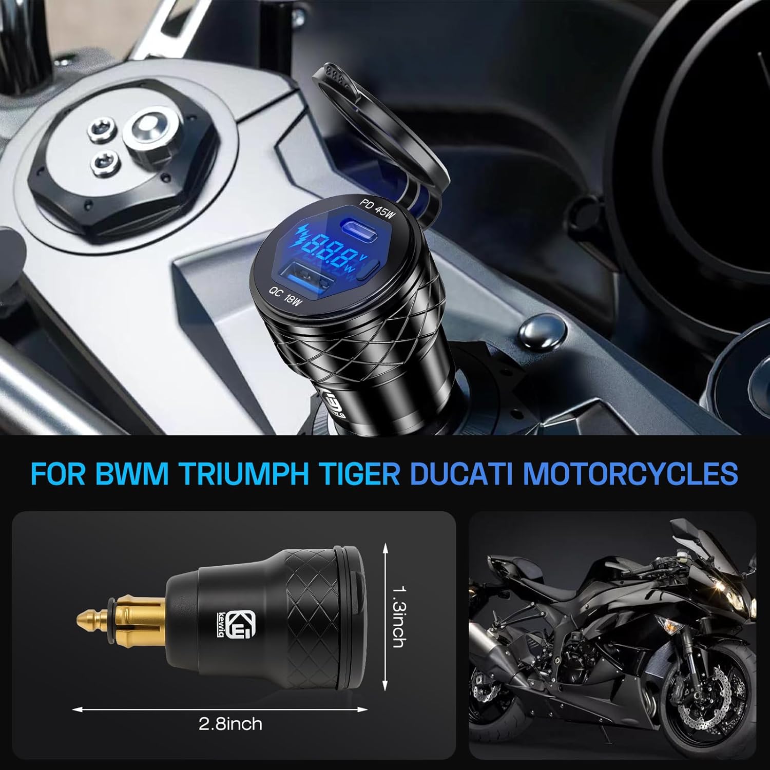 Detalle de Din Hella Plug vers USB Chargeur Adaptateur 45 W PD3.0 / 18 W QC3.0 pour moto 12–24 V, étanche avec voltmètre LED