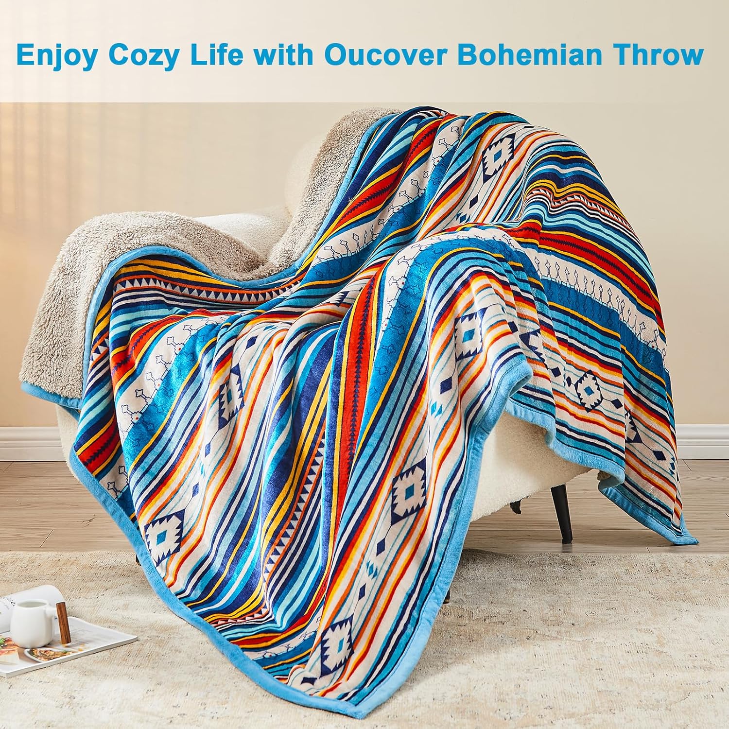 Thumbnail 2 de Qucover Flannel Fleece Throw Blanket in Bohemian Blue Stripe (Reversible Sherpa) – 150x200cm