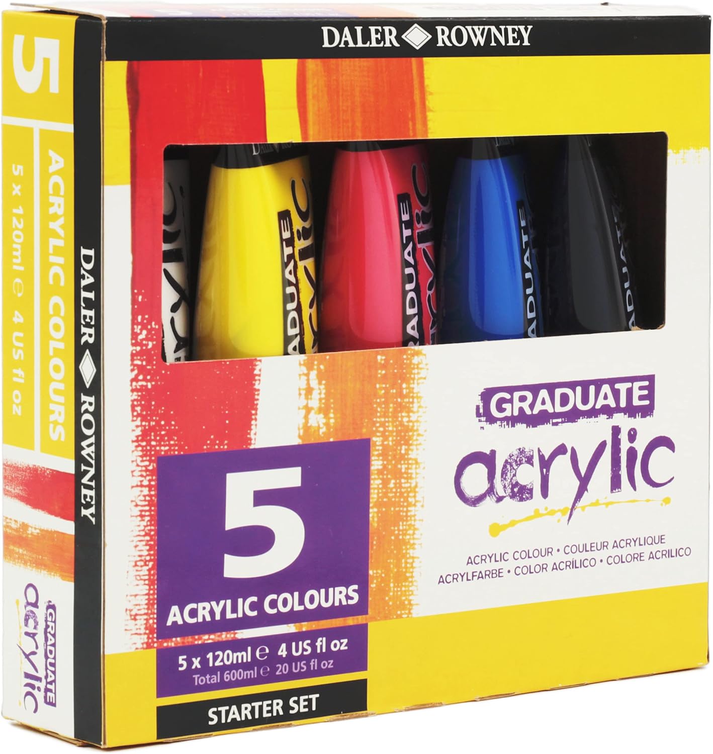 Detalle 1 de Daler Rowney GRADUATE Acrylic Starterset 5x120 ml – Primärfarben, Schwarz und Titanweiß
