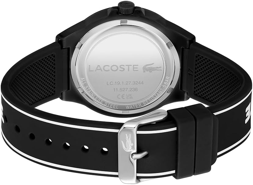 Detalle de Lacoste Analog Quarzuhr NEOCROC für Herren – 42 mm Gehäuse, schwarzes Zifferblatt, Silikonband