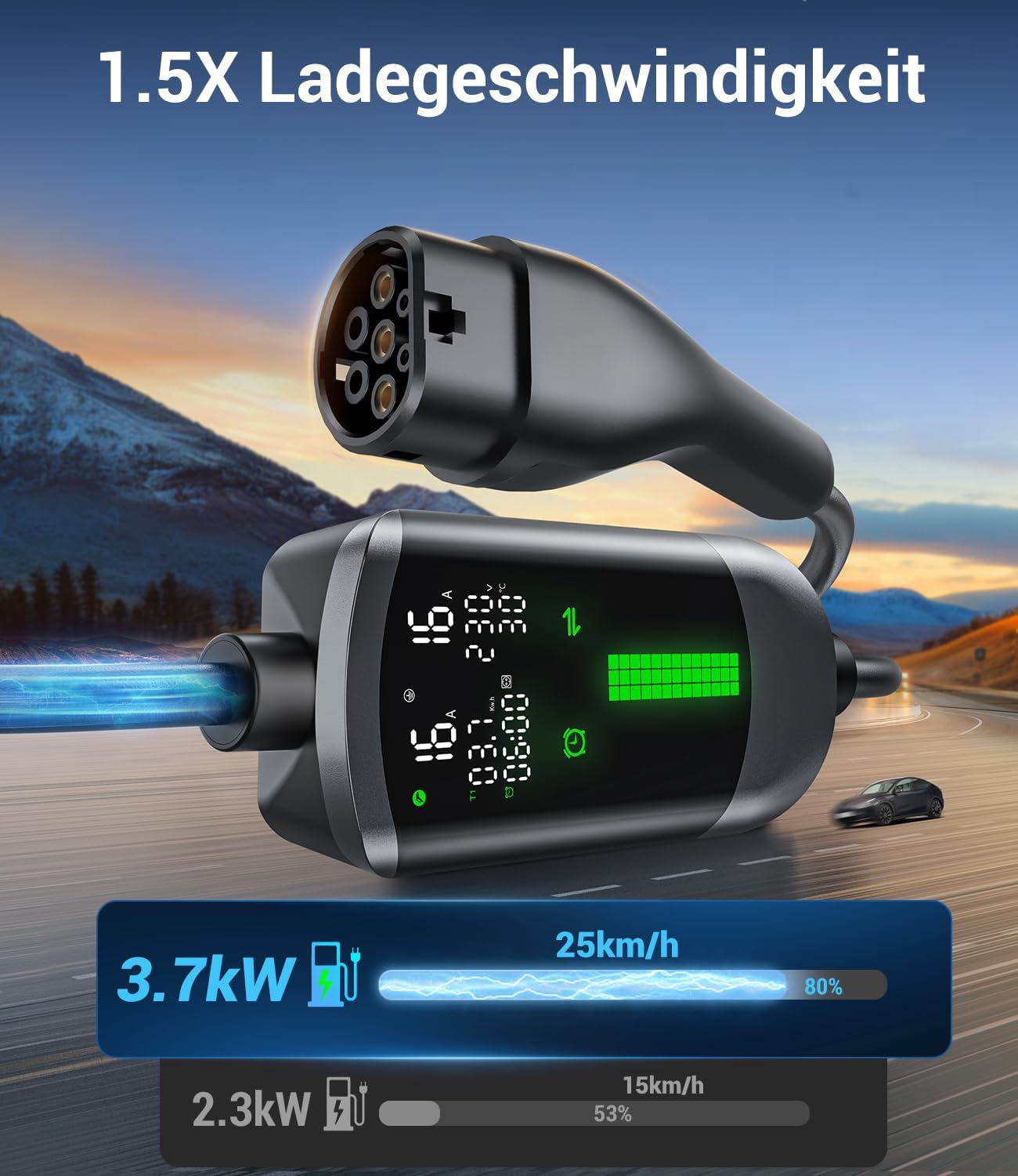 Detalle 2 de Typ 2 Ladekabel Schuko 3,7kW – 7 m, 1-phasig, IP65, LCD-Anzeige, 6–16 A, für alle EVs (IEC 62196-2) & PHEVs