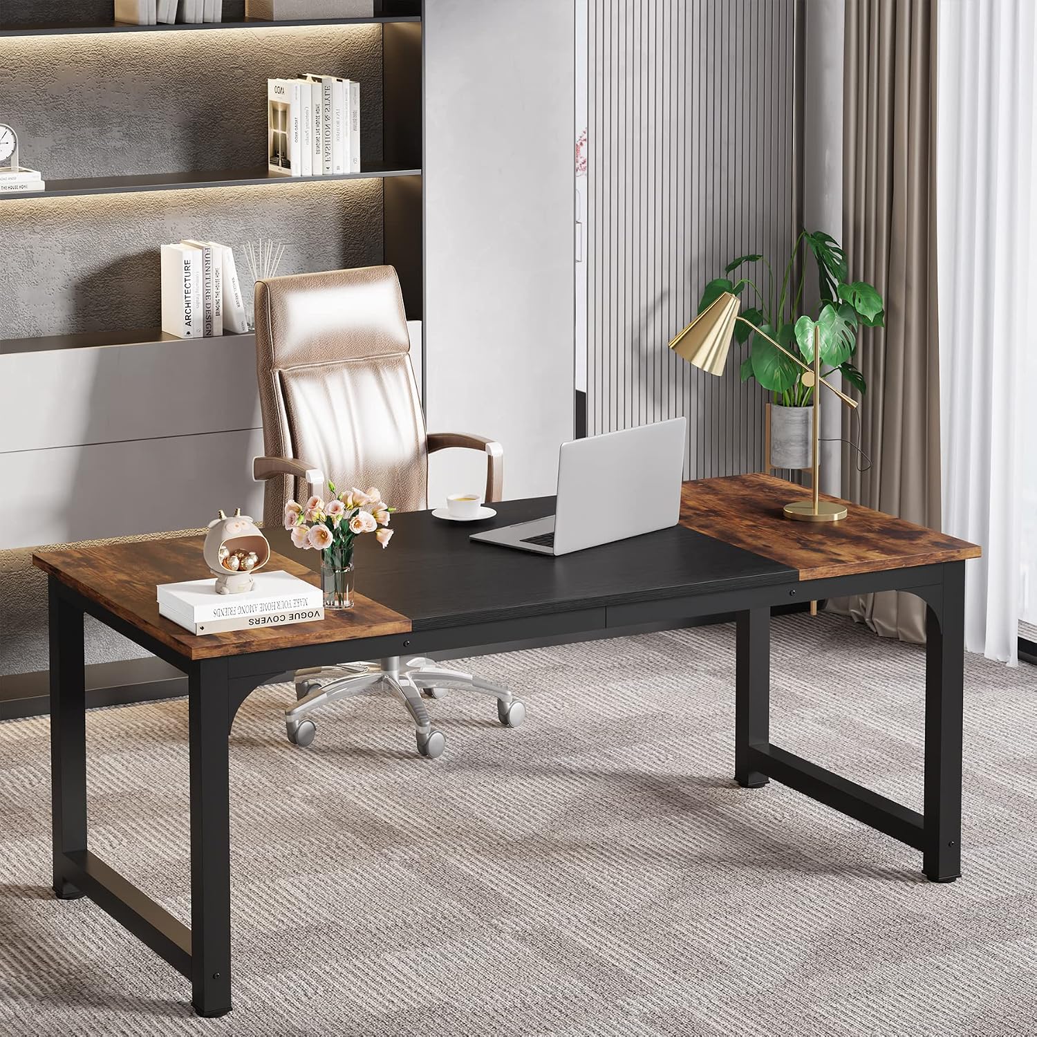 Detalle de LITTLE TREE Executive Office Desk, 31.5-Inch-Wide Desktop, Brown and Black