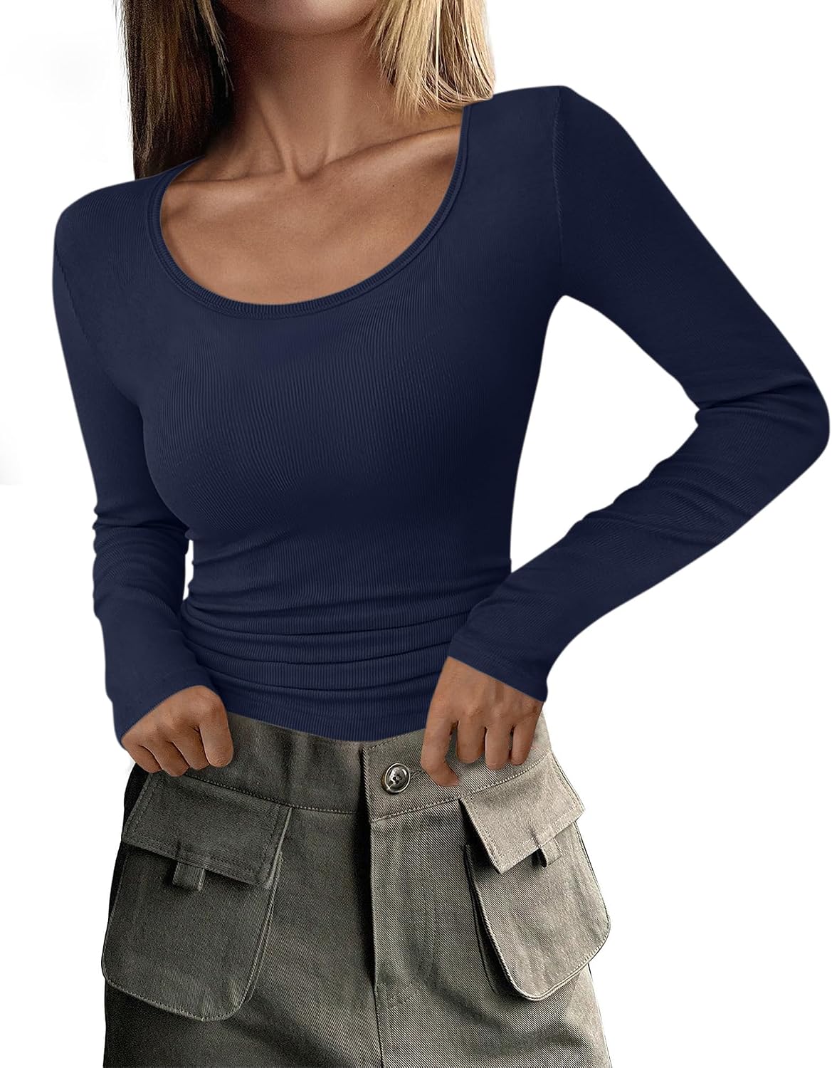 Detalle de MISFAY Women's Ribbed Knit Long-Sleeve Tee, Scoop Neck, Slim Fit