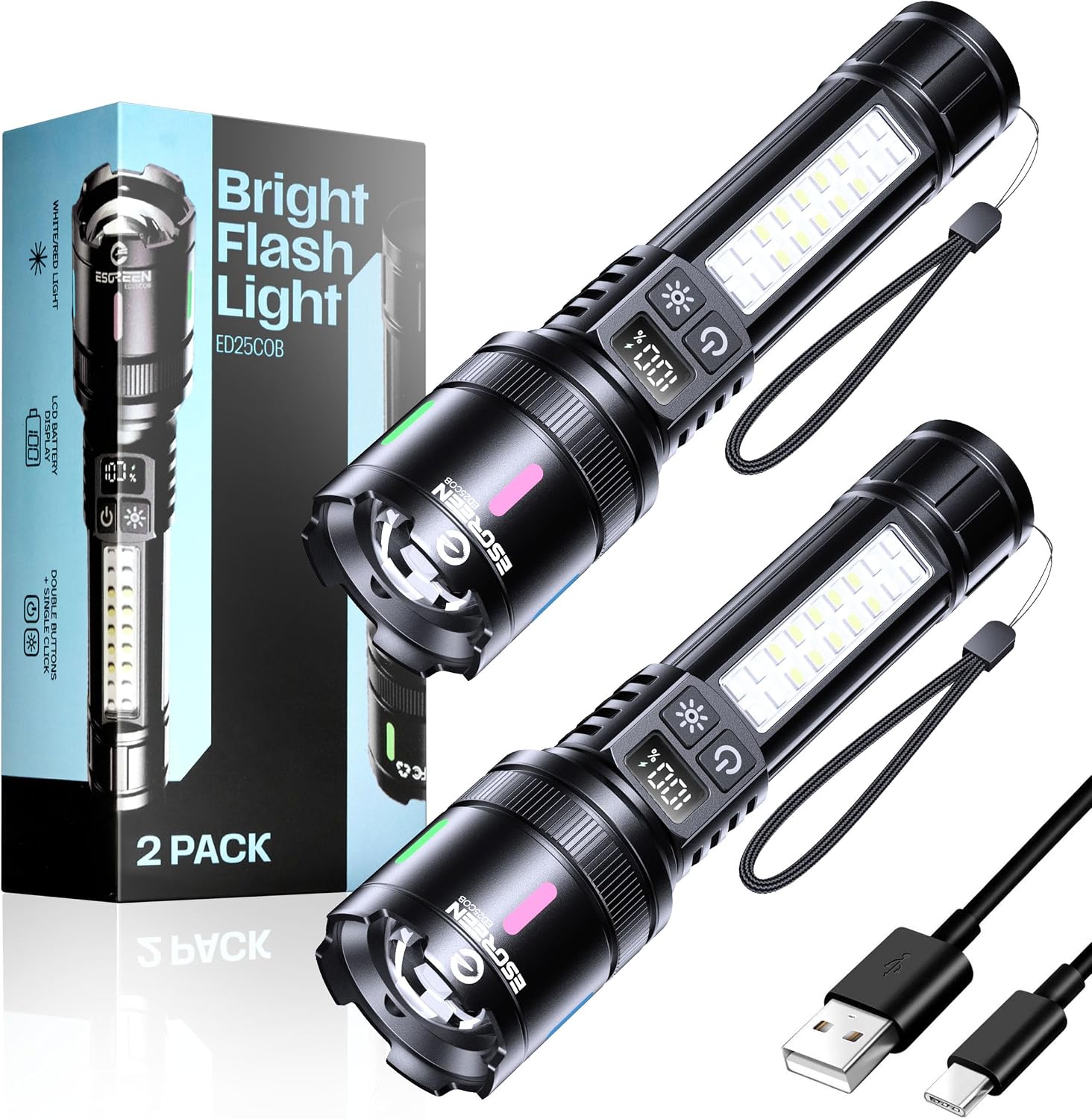 Detalle de Esgreen ED25COB Rechargeable LED Flashlight 2-Pack with Red Light and USB-C
