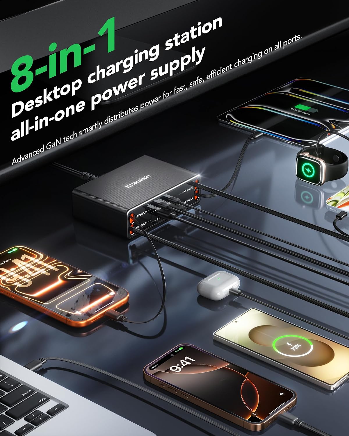 Detalle de HATALKIN PT68 8-in-1 Retractable Charging Station, 105W USB-C Hub