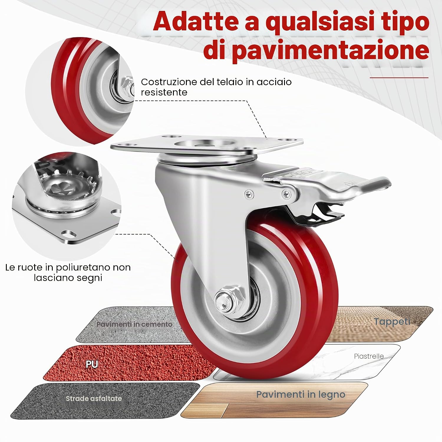 Detalle de Set 4 Ruote per Carrello Carichi Pesanti con Freno 100 mm – Gomma Piena Silenziosa, 600 kg