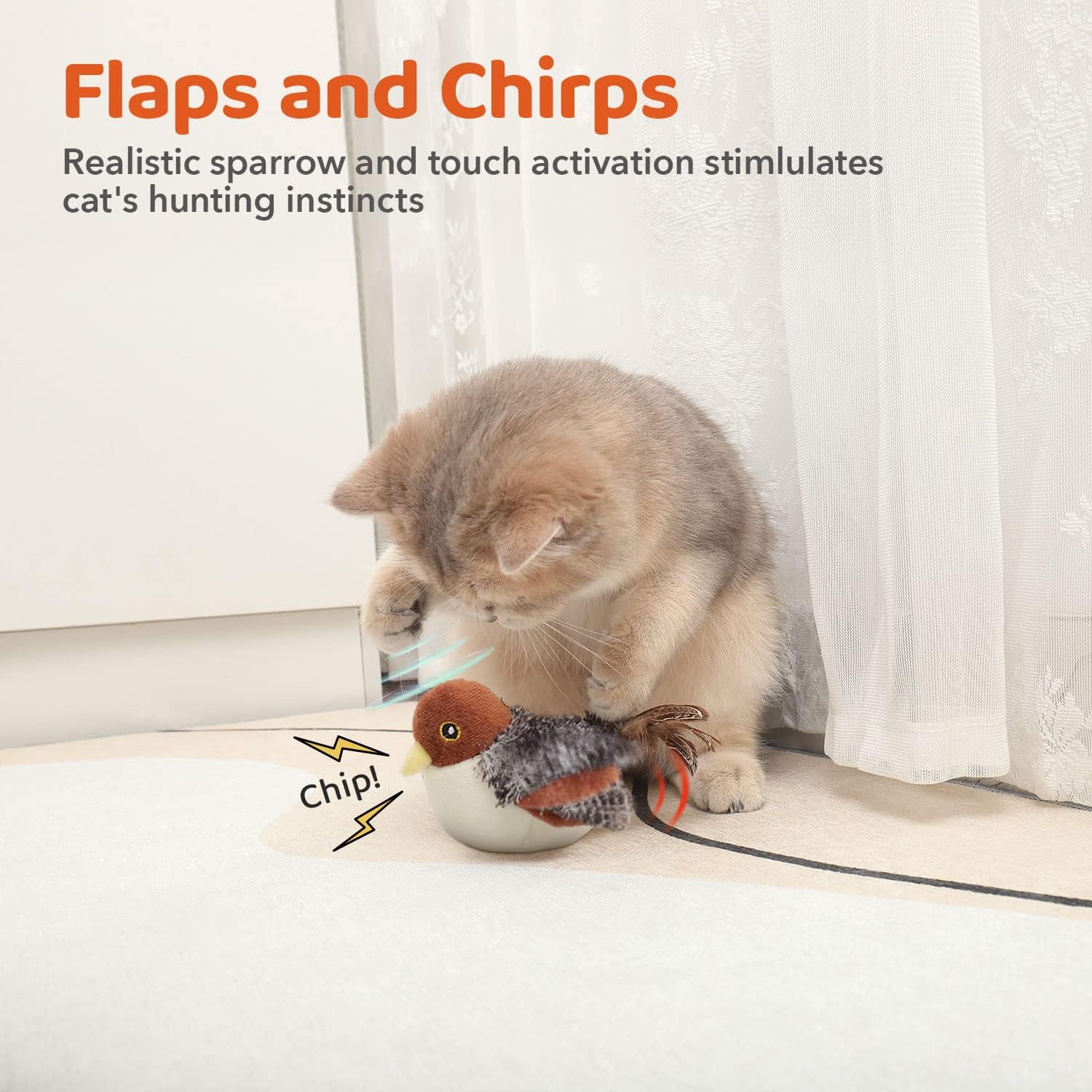 Detalle de Potaroma Rechargeable Flapping Bird Sparrow Cat Toy (Touch Activated, Lifelike Chirp) – 10 cm