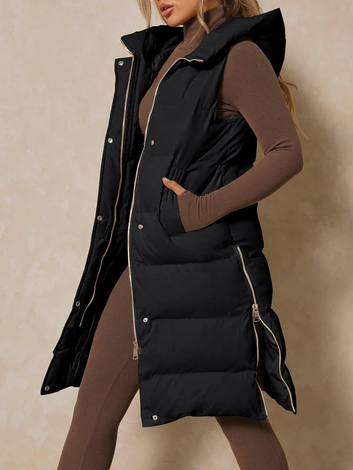 Thumbnail 2 de Inorin Women's Long Hooded Puffer Vest with Stand Collar and Zip Closure